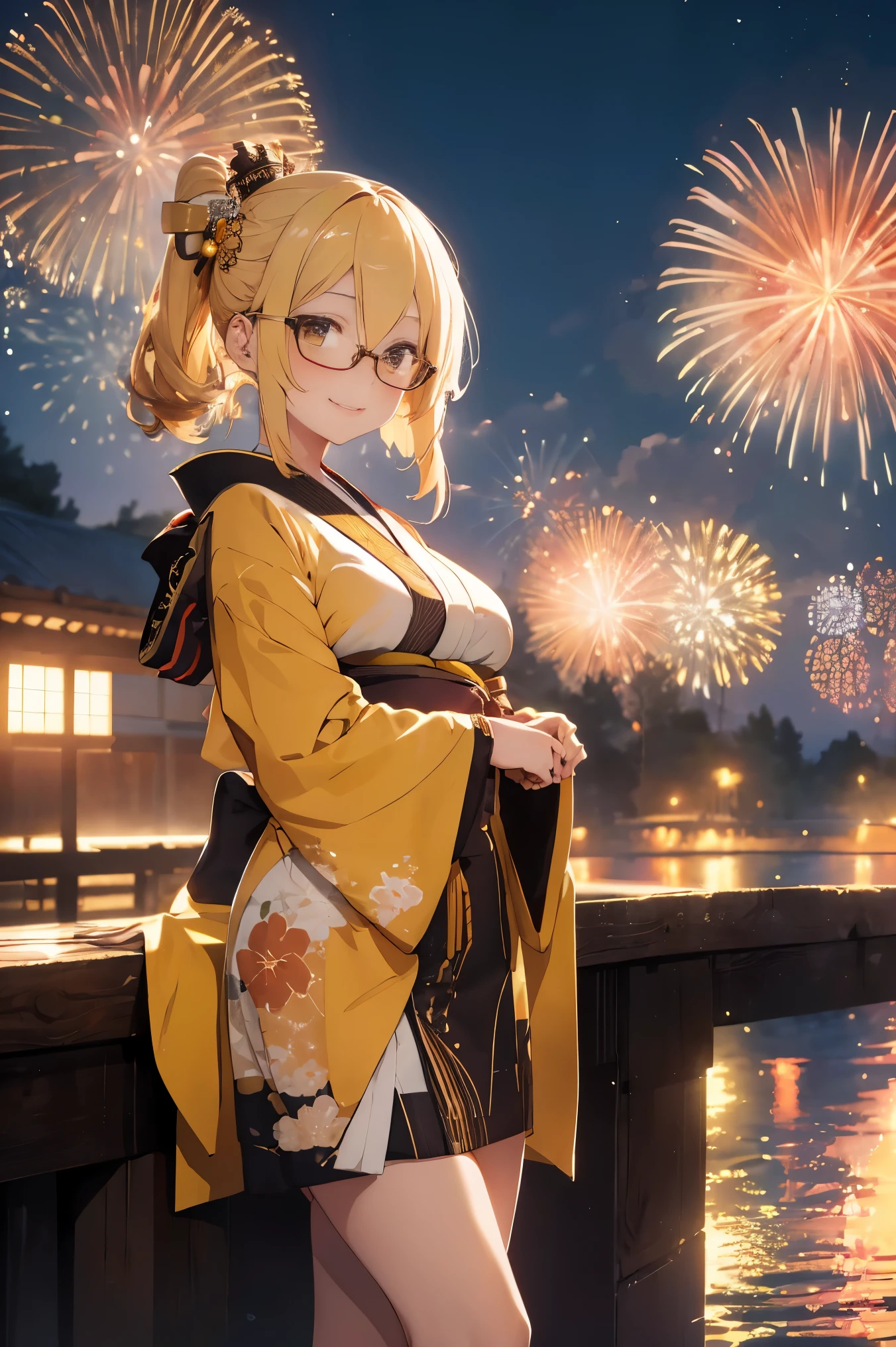 "anime girl, 1 person, bright blonde hair, yellow eyes, glasses, crown on head, female kimono, yellow kimono with black trim with intricate patterns, big breasts, long stockings, standing cross-legged, angle view from different directions, solo, smiled gently, blushing, festival, night, New Year's Eve fireworks, watching fireworks (full HD 4K+ image)"