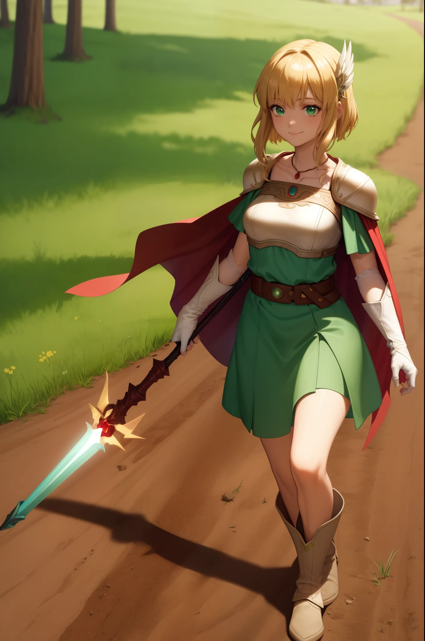 masterpiece, best quality, nanna, hair ornament, necklace, armor, red cape, green dress, belt, white gloves, boots, walking, smile, closed mouth, walking, field, dirt road, holding a wizard's staff 