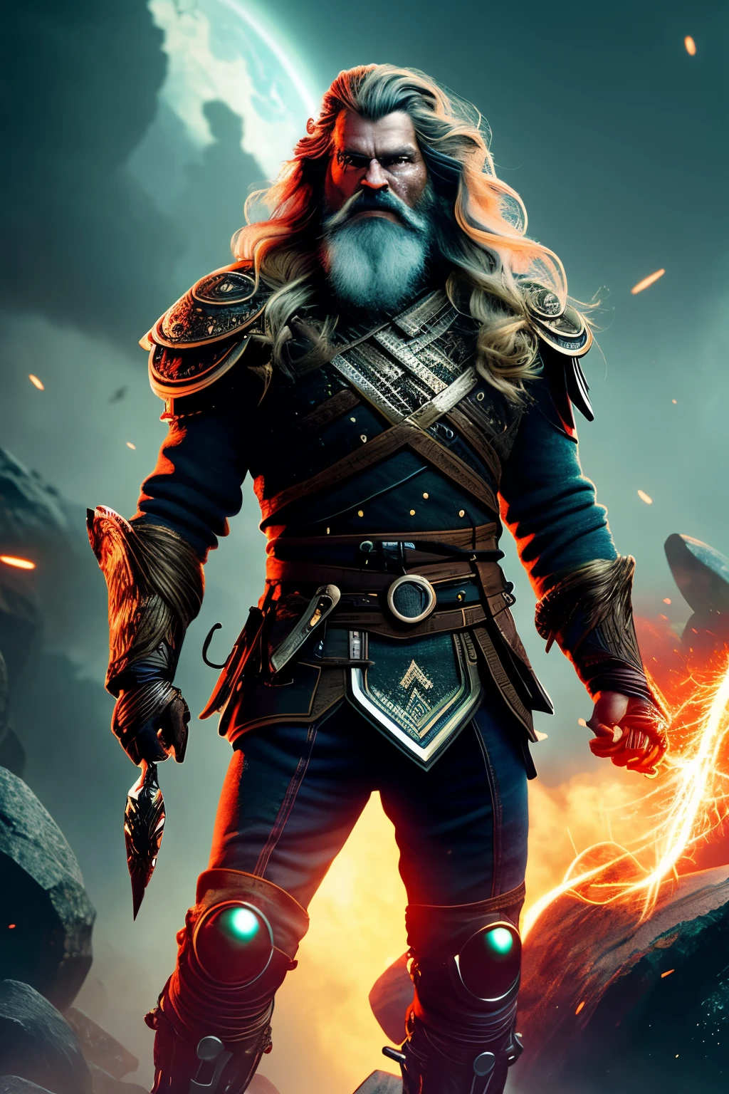 A futuristic Viking god with long beard and hair, wielding two divine hachas in each hand, boldly fighting against the darkness. This high-definition 8K image captures the god's fierce and determined expression with every detail visible, showcasing the intricacies of his muscular body and the textures of his flowing beard and long hair. The god's piercing eyes gleam with an electric energy, contrasting the darkness he is battling against. The scene is rendered in a dynamic, cinematic style reminiscent of both Norse mythology and futuristic aesthetics.