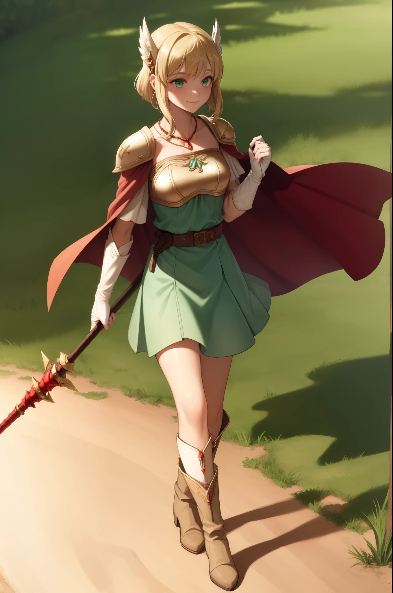 masterpiece, best quality, nanna, hair ornament, necklace, armor, red cape, green dress, belt, white gloves, boots, walking, smile, closed mouth, walking, field, dirt road, holding a wizard's staff 