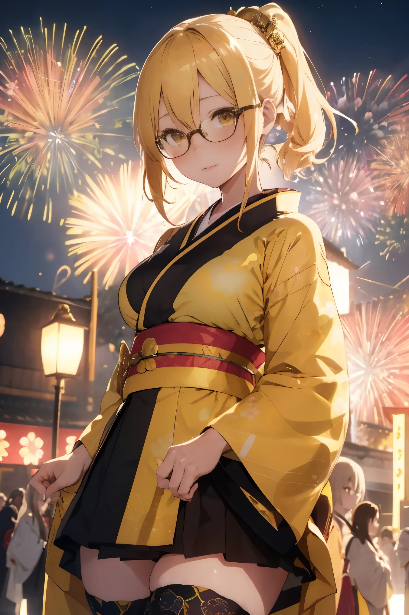 "anime girl, 1 person, bright blonde hair, yellow eyes, glasses, crown on head, female kimono, yellow kimono with black trim with intricate patterns, big breasts, long stockings, standing cross-legged, angle  view from different directions, solo, blushing, festival, night, New Year's Eve fireworks, watching fireworks (full HD 4K+ image)"