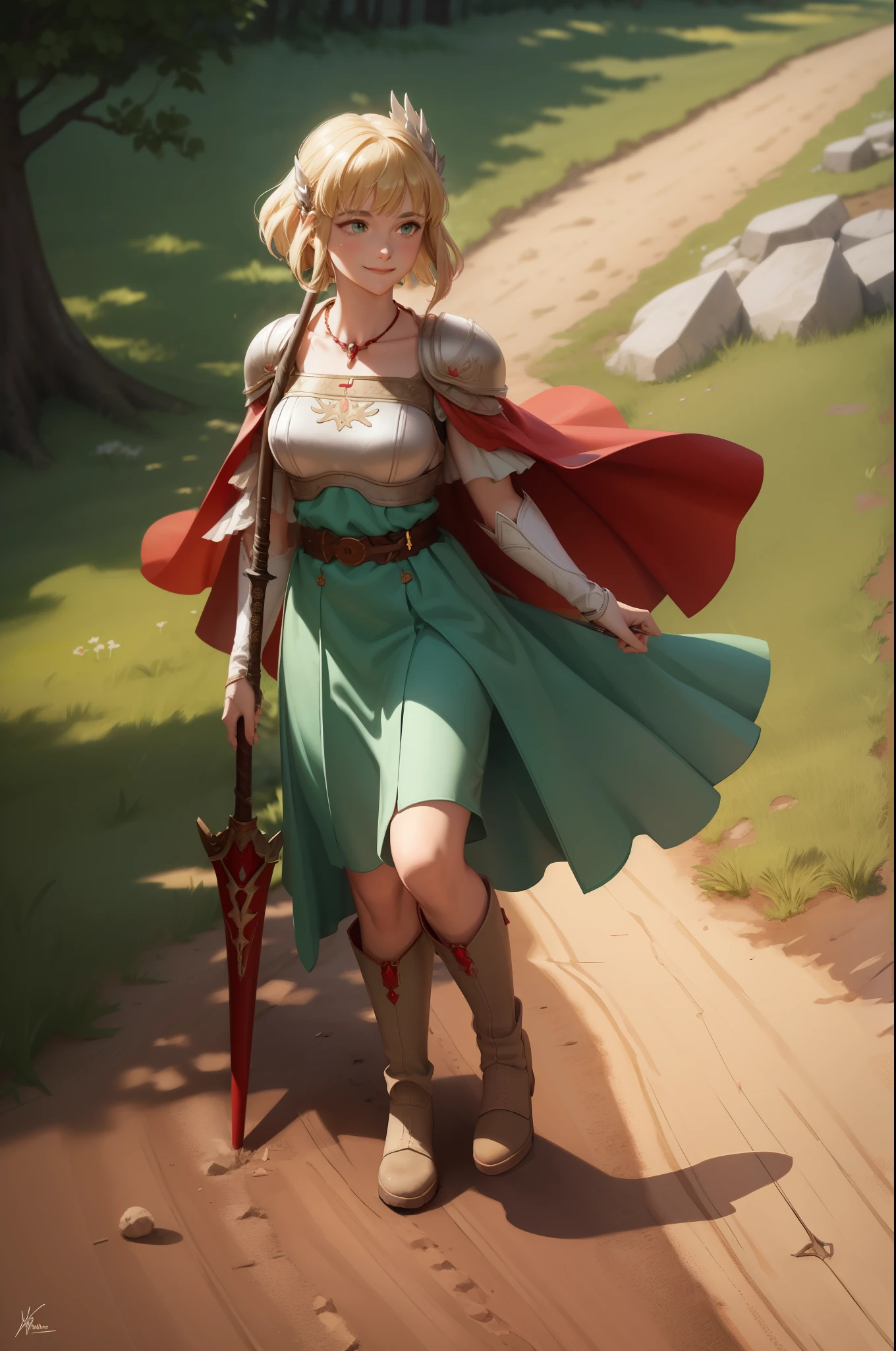 masterpiece, best quality, nanna, hair ornament, necklace, armor, red cape, green dress, belt, white gloves, boots, walking, smile, closed mouth, walking, field, dirt road, holding a wizard's staff 