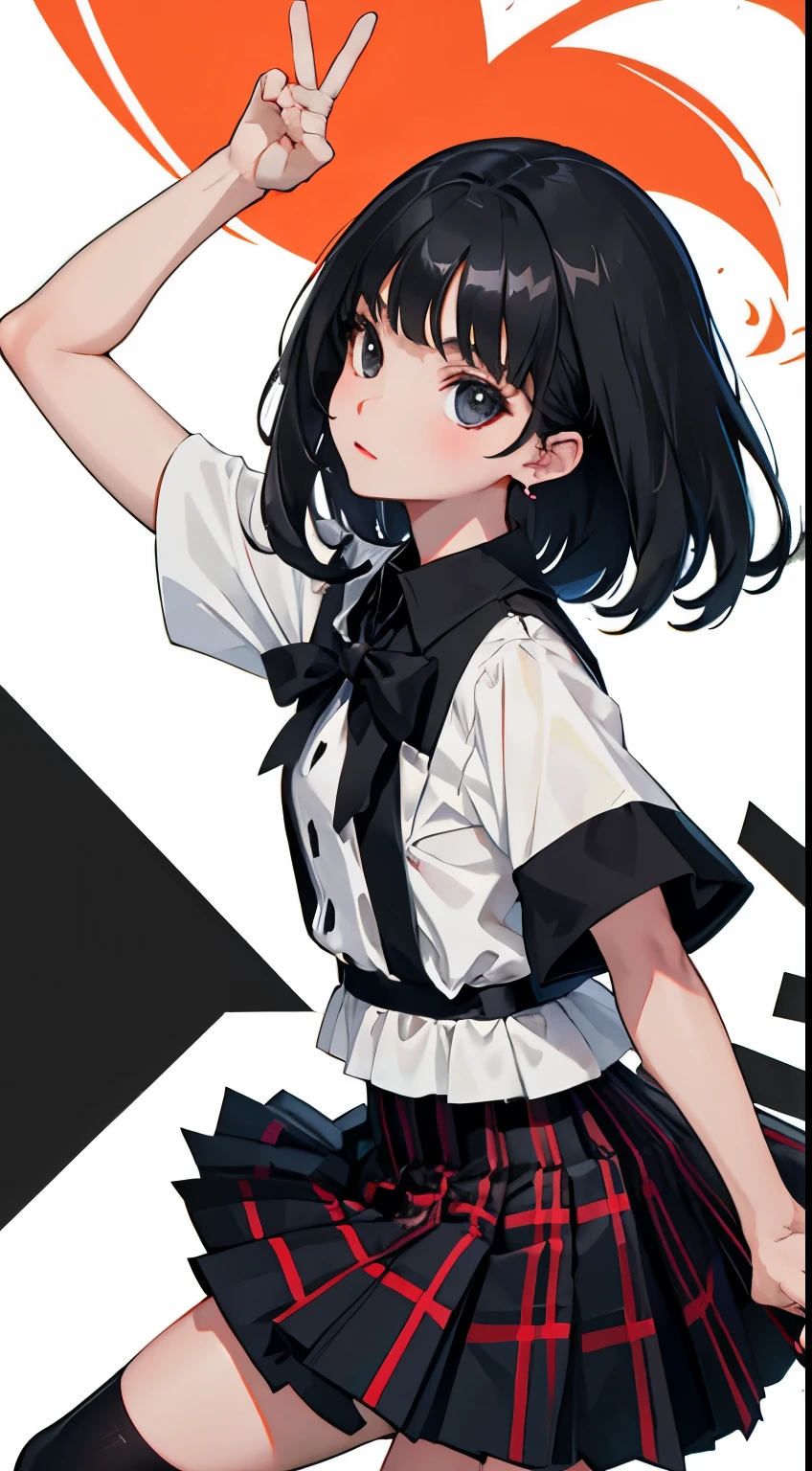 (child)，（masterpiece，Top quality)，black plaid pleated hort sleeve，black hair，intersection