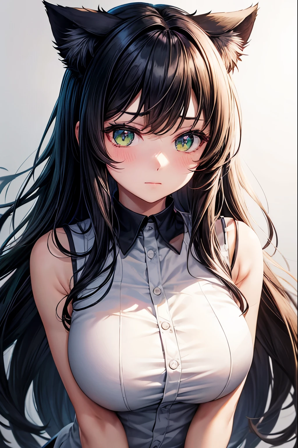 1girl, bangs, bare_shoulders, black_hair, blush, breasts, cat_ears, closed_mouth, eyebrows_visible_through_hair, green_eyes, grey_background, hair_between_eyes, karyl_(princess_connect!), long_hair, looking_at_viewer, medium_breasts, multicolored_hair, shirt, simple_background, sleeveless, sleeveless_shirt, solo, upper_body, white_background, white_shirt, 