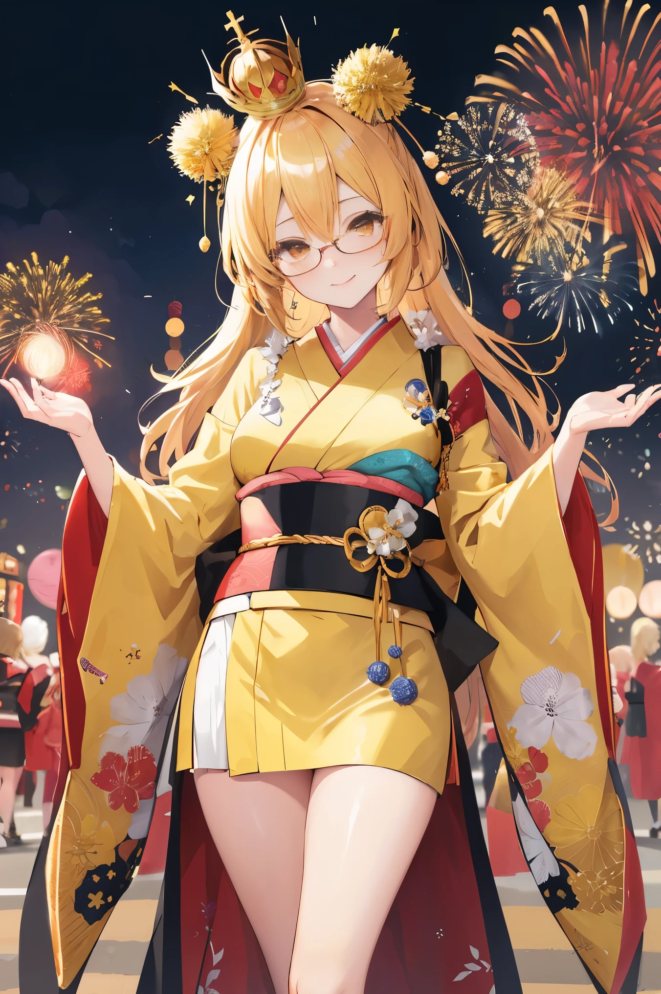 "anime girl, 1 person, bright blonde hair, yellow eyes, glasses, crown on head, female kimono, yellow kimono with black trim with intricate patterns, big breasts, long stockings, standing cross-legged, angle view from different directions, solo, smiled gently, blushing, festival, night, New Year's Eve fireworks, watching fireworks (full HD 4K+ image)"