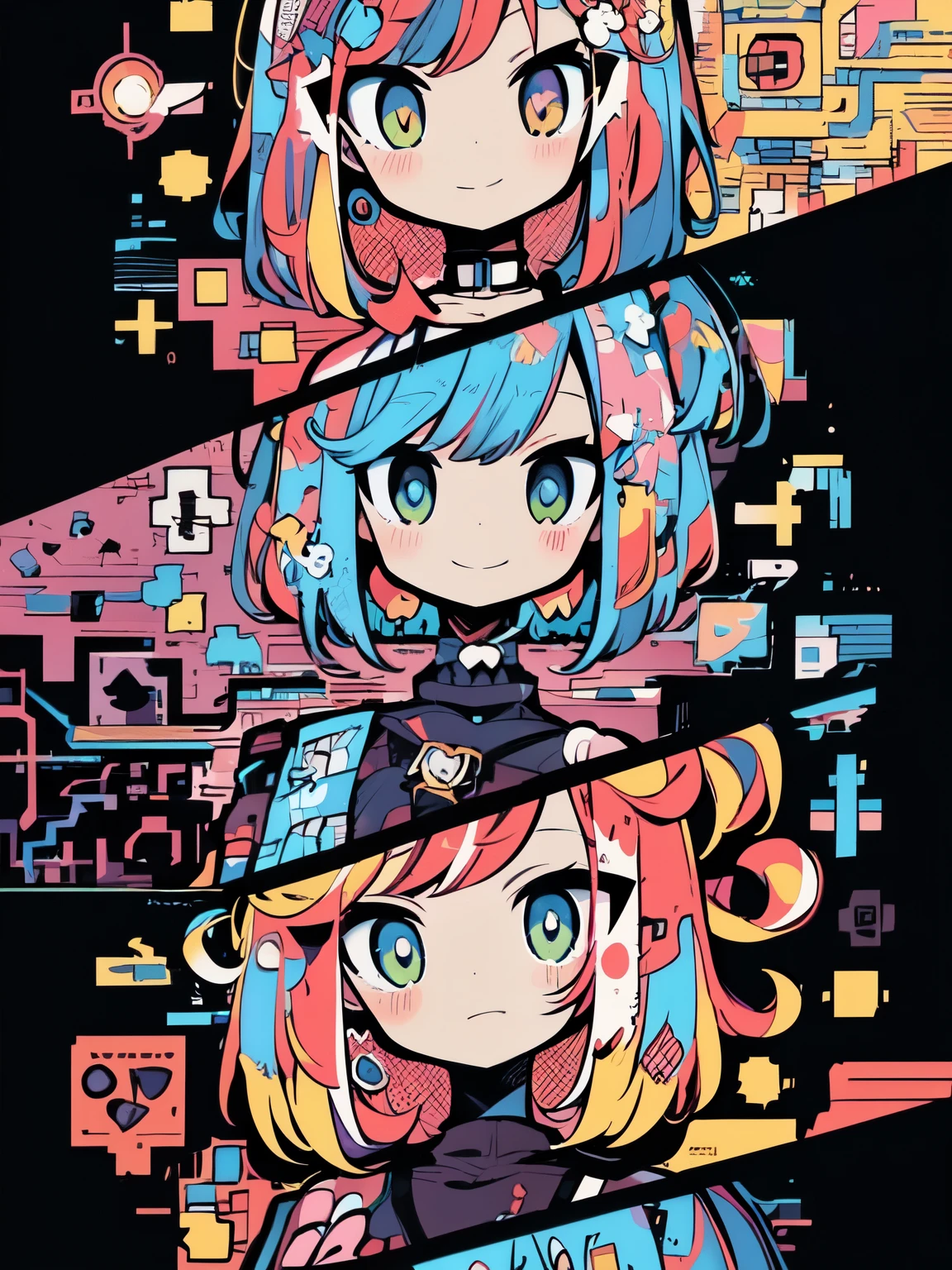 High-resolution digital art style with vibrant, neon color palette and sharp line art. BREAK Frontal and slightly angled views with faces partially overlapping. BREAK Three distinct anime-inspired characters with large expressive eyes; the top character has pink hair with blue highlights, middle has blue hair with pink highlights, and bottom has orange hair with blue and pink streaks; all have futuristic, embellished outfits. BREAK Abstract, digital world background with pixelated motifs, neon shapes, and symbols, suggesting a virtual reality setting.