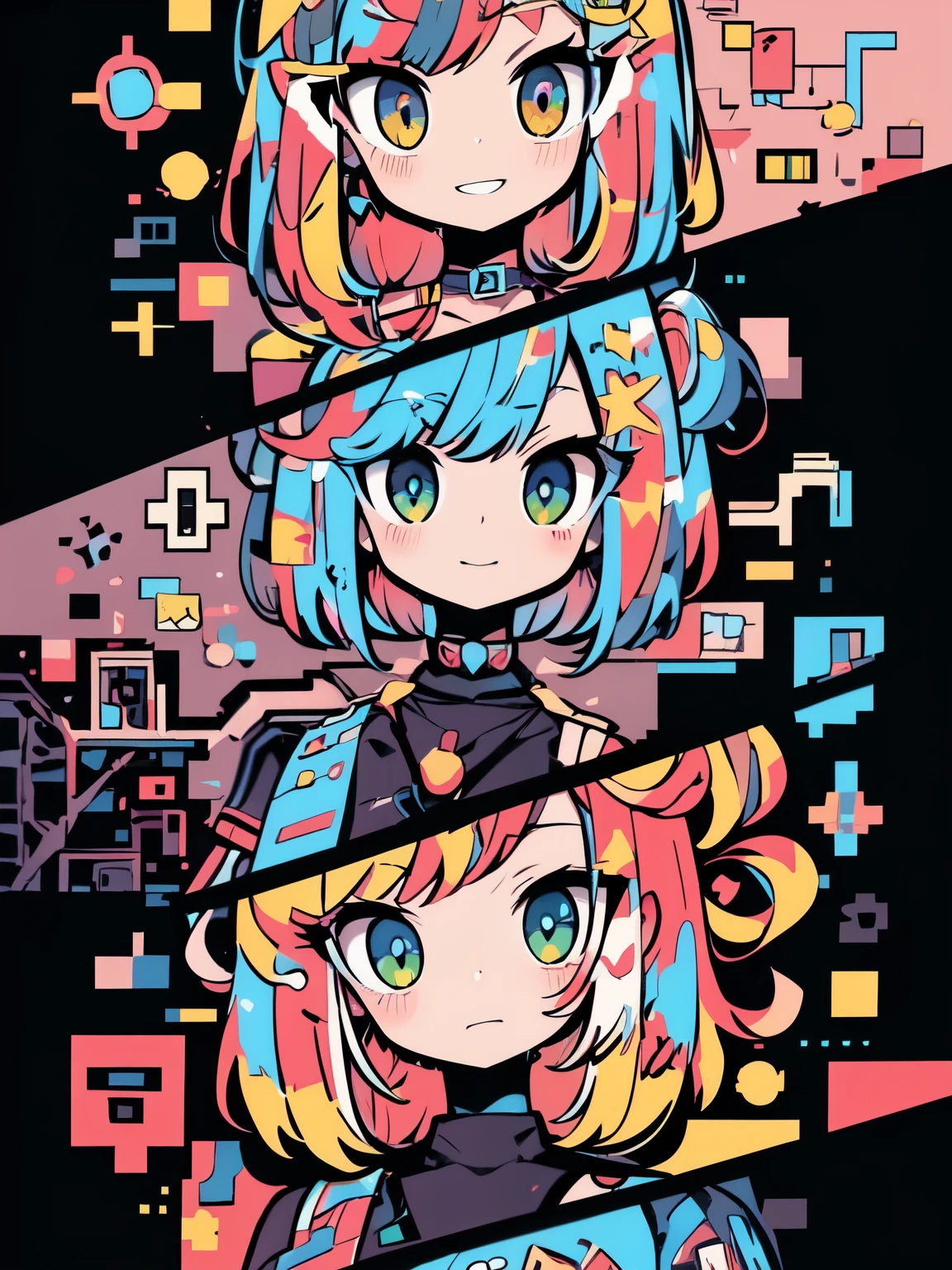 High-resolution digital art style with vibrant, neon color palette and sharp line art. BREAK Frontal and slightly angled views with faces partially overlapping. BREAK Three distinct anime-inspired characters with large expressive eyes; the top character has pink hair with blue highlights, middle has blue hair with pink highlights, and bottom has orange hair with blue and pink streaks; all have futuristic, embellished outfits. BREAK Abstract, digital world background with pixelated motifs, neon shapes, and symbols, suggesting a virtual reality setting.