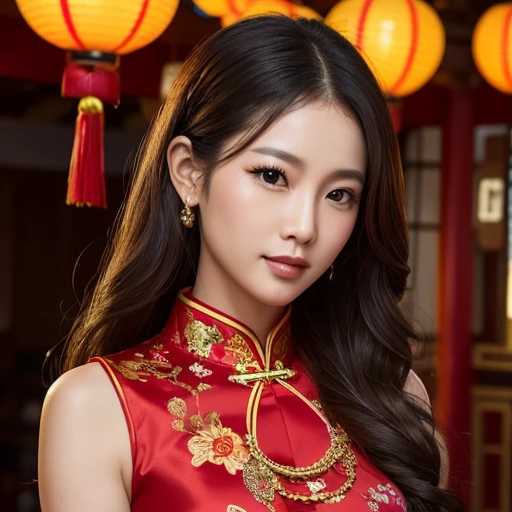 Thai girl, 33 years old, oval face, long curly hair, black eyes, 160 cm tall, wearing a red cheongsam. Standing in red high heels. Background: Chinese house during the Chinese New Year festival. 192k High Detail, HDR50+, High Saturation, High Contrast, High Contrast Enhancement, Digital Art, Ultra Reality Captures details very well. Excellent quality, exquisite, sharp in every detail. Stunning light, realistic 3D resolution