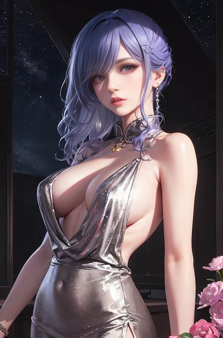 Realistic,1 girl,gray hair,Chinese Girl,purple eye,shining eyes of light,cut the top,skirt,parted lips,face turns red,night,fresh flowers,sun,rays of sunhine,on top of the cheongsam