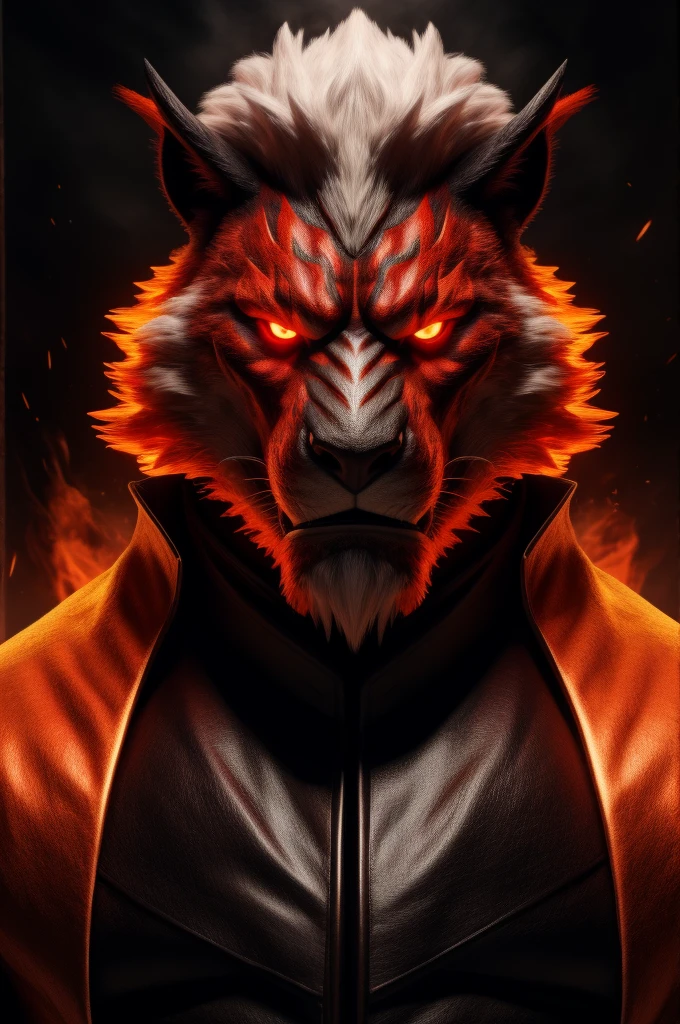 (best quality,8k,highres,masterpiece:1.2),ultra-detailed,(photorealistic:1.37),(the ultimate Orochi Wendell),red glowing eyes,staring at the viewer,detailed facial features,same design as Iori Yagami,background from The King of Fighters XV,fiery background,serious expression,on a realistic face,in 8k.