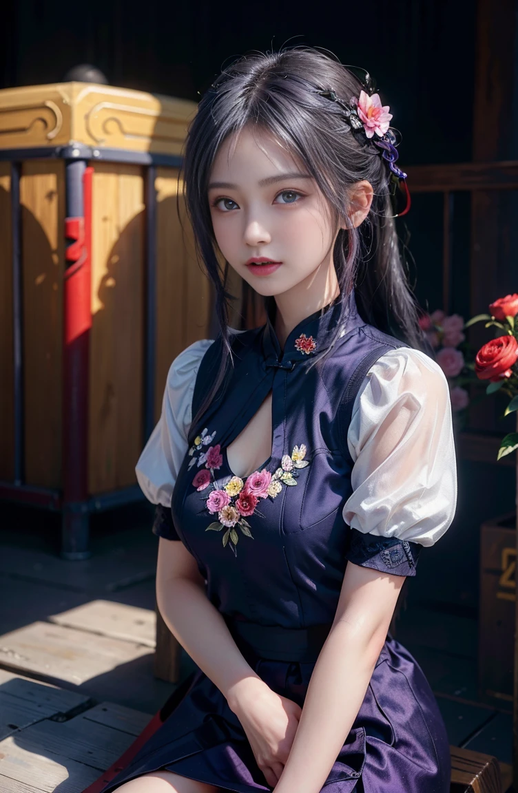 Realistic,1 girl,gray hair,Chinese Girl,purple eye,shining eyes of light,cut the top,skirt,parted lips,face turns red,night,fresh flowers,sun,rays of sunhine,on top of the cheongsam