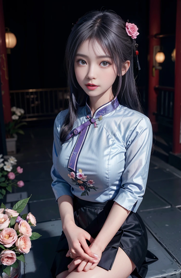 Realistic,1 girl,gray hair,Chinese Girl,purple eye,shining eyes of light,cut the top,skirt,parted lips,face turns red,night,fresh flowers,sun,rays of sunhine,on top of the cheongsam