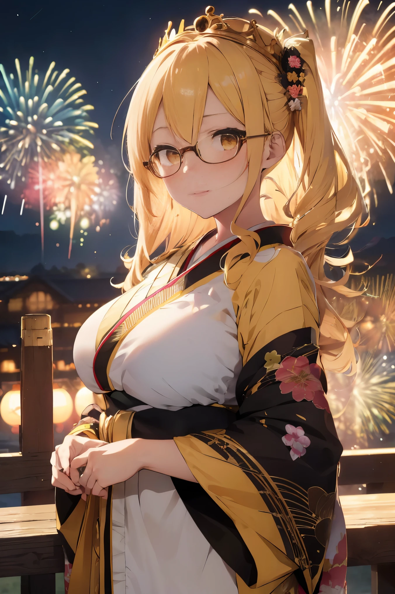 "anime girl, 1 person, bright blonde hair, yellow eyes, glasses, crown on head, female kimono, yellow kimono with black trim with intricate patterns, big breasts, long stockings, standing cross-legged, angle view from different directions, solo, blushing, festival, night, New Year's Eve fireworks, watching fireworks (full HD 4K+ image)"