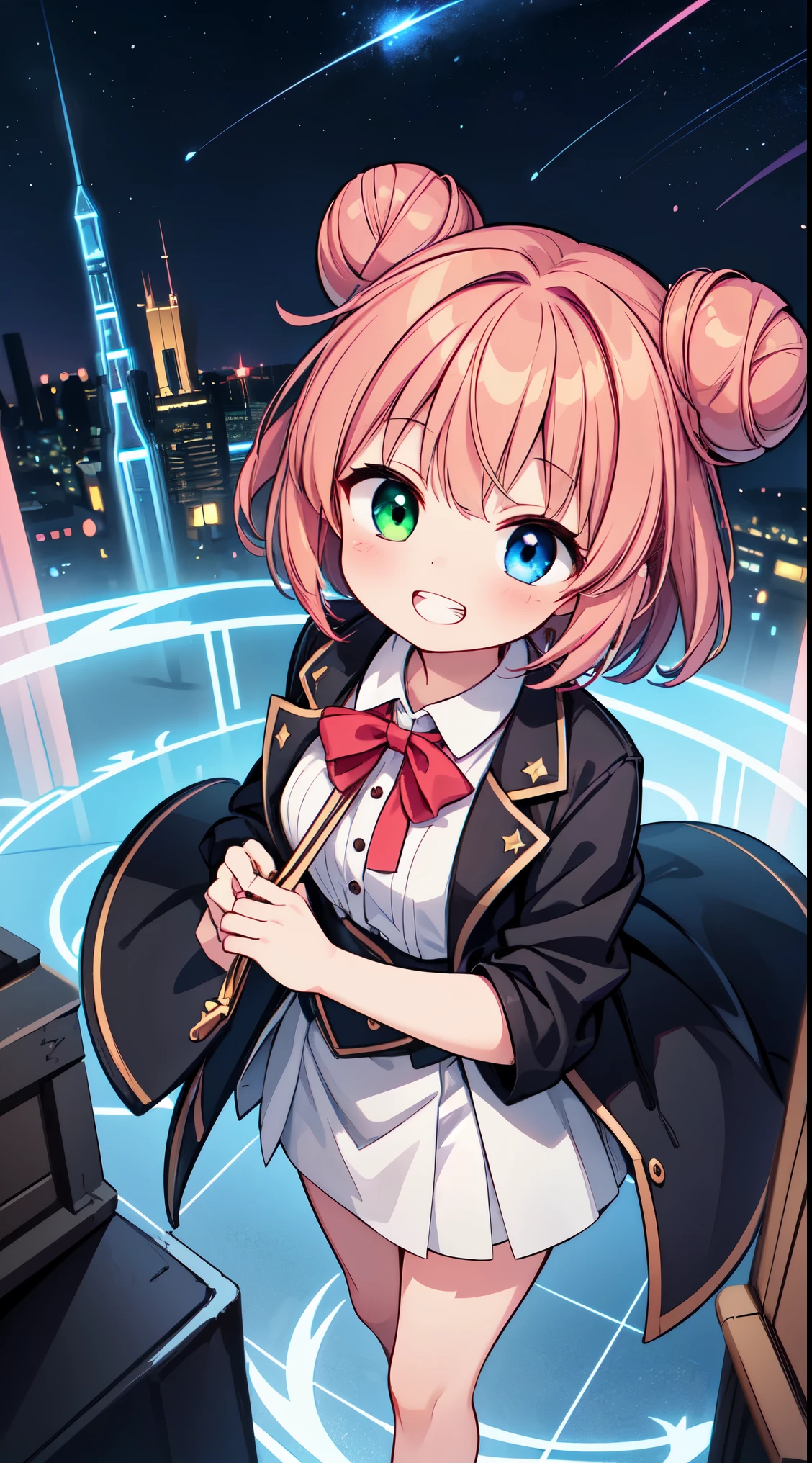 (super fine illustration:1.2),(masterpiece, 8k), (best quality, high quality:1.4), perfect anatomy, hyper detailed, ultra detailed,masterpiece background,beautiful detailed background, v8k wallpaper,perfect design,award-winning art,atmospheric,
BREAK, 1 beautiful girl, (kawaii:1.5), (Chibi: 0.8), (kawaii: 1.5), (: 0.5), ( years olirl), BREAK(Red hair, short-hair,Two buns hair:1.4),(:D,grin:1.3),( Heterochromia,The blue eyes,The green eyes, Eye Highlights,The first hyperfine stars:1.45), star the eye silhouette thick eyelashes, naked double eyelids:1.2),(de pele branca), (The best smile,:D:1.45),
BREAK, Fantasy world city floating high in the fantastic skycity, town, mountain, night, Starry sky, BREAK, (,coat:1.1),
BREAK,wakame,wakame,wakame,(Cowboy Shot,from above:1.4),
BREAK,(Blurry background:1.3),(absurderes, hight resolution, Super Detail Art),cel shading,Clear Color, Lonely optical effect, Beautiful pictures, Bright glow, mystic atmosphere,(Close-up of girl:1.1), Mystical light particle effect,manga influence, clean line drawings,