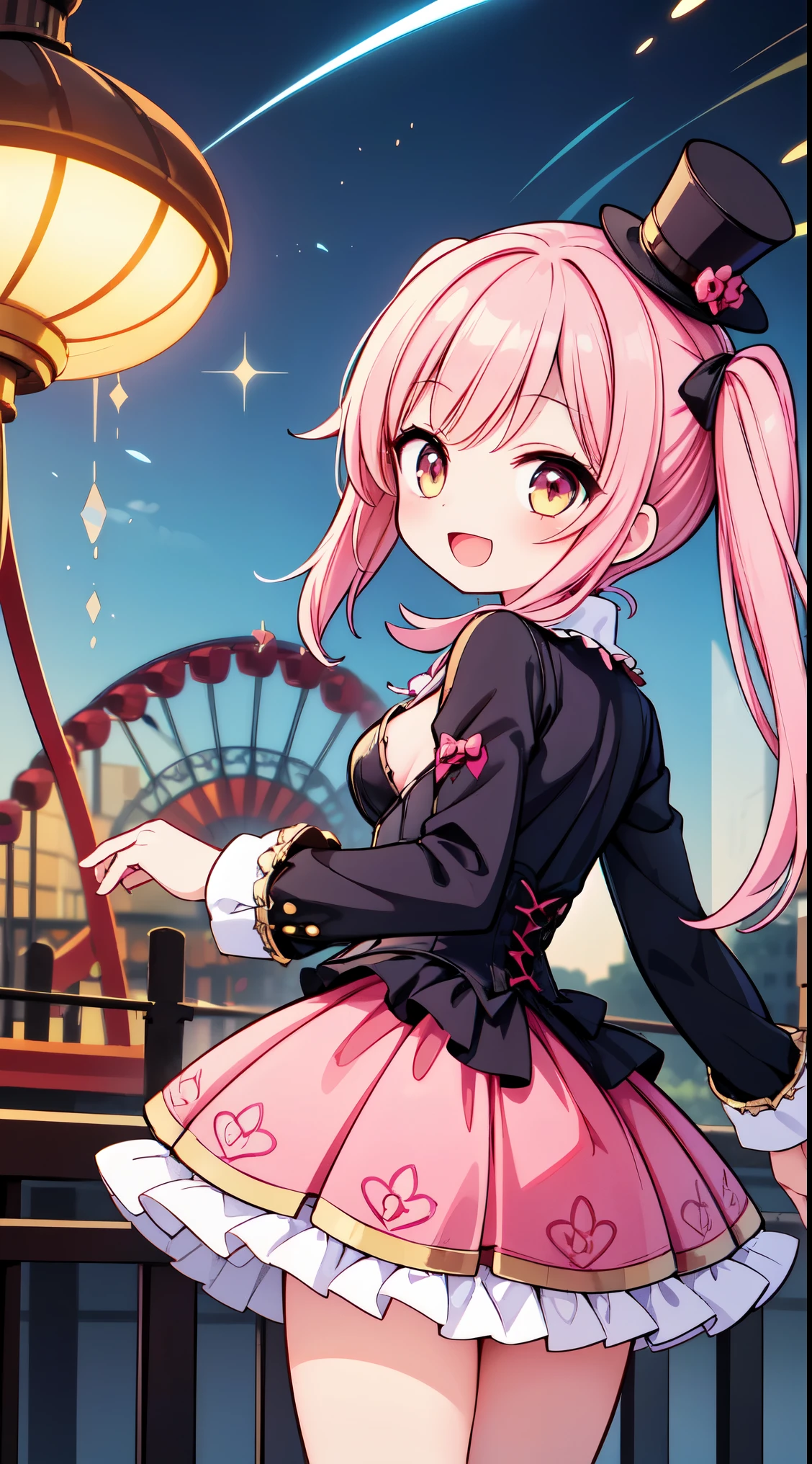 (super fine illustration:1.2),(masterpiece, 8k), (best quality, high quality:1.4), perfect anatomy, hyper detailed, ultra detailed,masterpiece background,beautiful detailed background, v8k wallpaper,perfect design,award-winning art,atmospheric,
BREAK, 1 beautiful girl, Solo,(Cute:1.5),(Chibi:0.8), (kawaii:1.5),(:0.5), BREAK, (girl, Cute, Cheerful, face, medium breasts:1.2),(Pink hair,disheveled short twin tails,tareme,Gold eyes:1.2),gleaming skin,Clear skin, cleavage of the breast,Beautiful , gleaming skin,Clear skin, Beautiful skin,( A smile:1.5),(best quality face),(Top quality glowing eyes),(The best smile,:D:1.45),
BREAK, (smile:1.1), (steampunk-inspired motif:1.33), smoky lace, brown corset, (closed collar long-sleeved blouse:1.2) heavy coat with black frills, a volumey pannier under a (long skirt:1.3), lace ruffle socks, top hat, goggles, lace-up boots, leather glove, steampunk-items,
BREAK, (Amusement park:1.2), (attractions, theme parks, roller coaster:1.2), (ferris wheel:1.2), (flower, fountain:1.2), (outdoor:1.2), beautiful detailed sky, dating, sunlight, beautiful lighting, volumetric lighting,
BREAK,wakame,wakame,wakame,(dynamic angle, from behind:1.5) ,
BREAK,(Blurry background:1.3),(absurderes, hight resolution, Super Detail Art),cel shading,Clear Color, Lonely optical effect, Beautiful pictures, Bright glow, mystic atmosphere,(Close-up of girl:1.1), Mystical light particle effect,manga influence, clean line drawings,