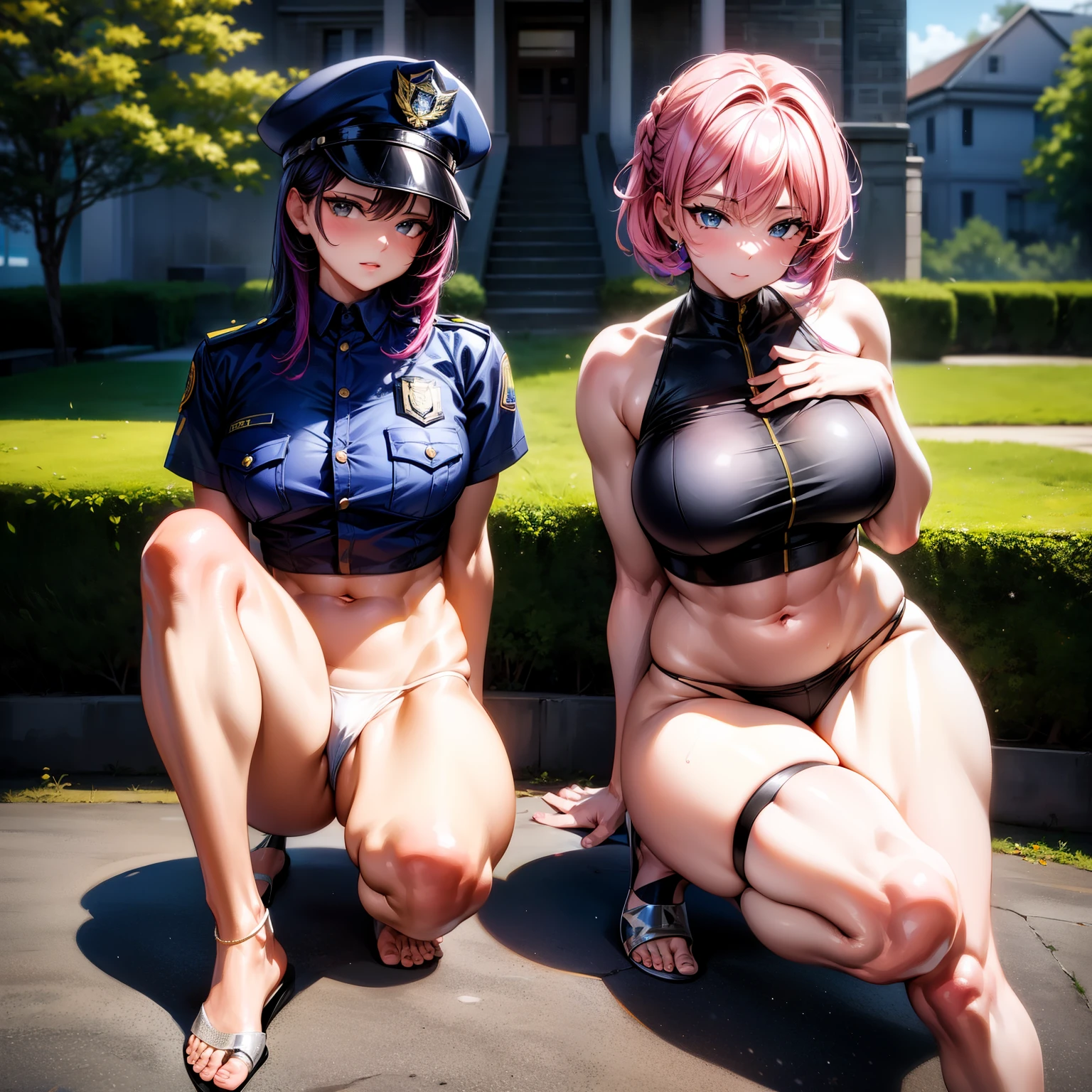 (8K ,Ultra-detailed,Super real photos,Best masterpiece,Nature,perfect work of art,perfect female body),two women,Sister and sister, sisters,rainbow hair,perfect face,(huge tits),neighbor wife,woman hairstyle,elegant wife,At the police station,Exquisite and ,wearing police officer uniform,police uniform,super short thong,穿着低胸露肩police uniform,T-shaped small,huge big,naked leg,full body shot,elastic muscles,raised raised raised,Obscenity exposed