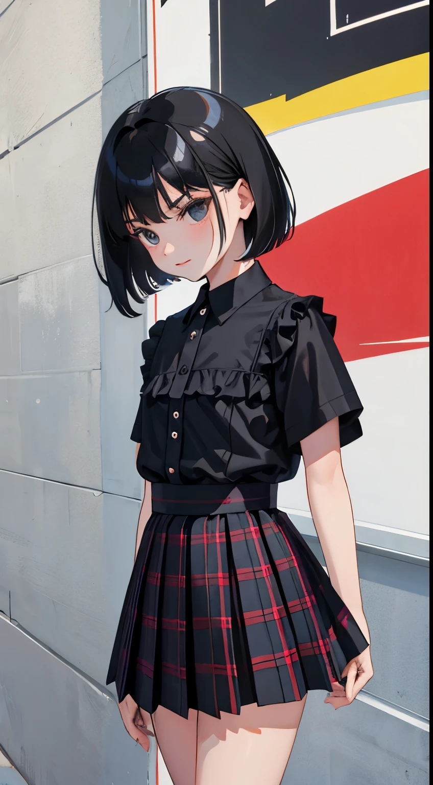 (child),(masterpiece,Top quality),black plaid pleated hort sleeve,black hair,medium bob,intersection
