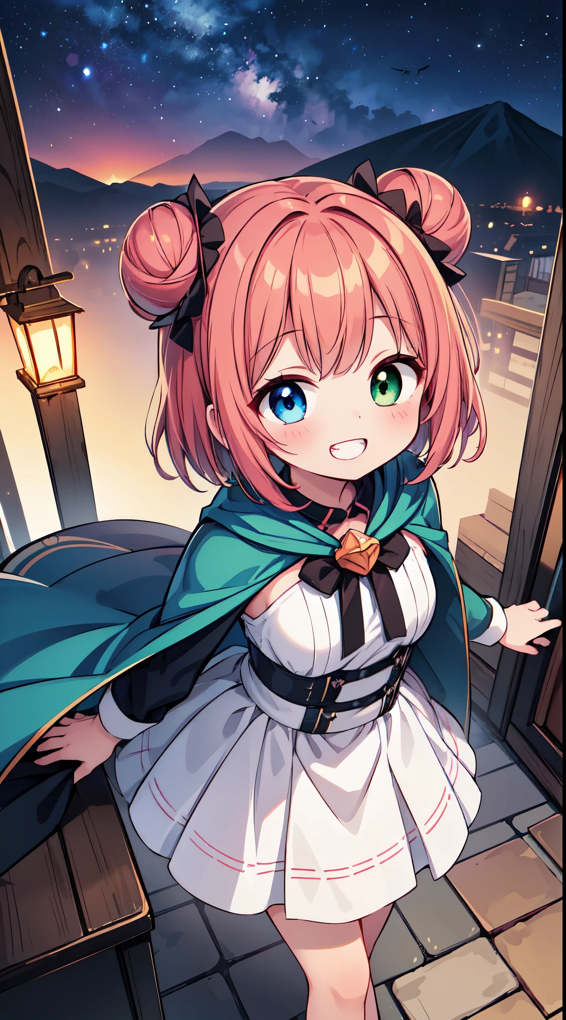 (super fine illustration:1.2),(masterpiece, 8k), (best quality, high quality:1.4), perfect anatomy, hyper detailed, ultra detailed,masterpiece background,beautiful detailed background, v8k wallpaper,perfect design,award-winning art,atmospheric,
BREAK, 1 beautiful girl, (kawaii:1.5), (Chibi: 0.8), (kawaii: 1.5), (: 0.5), ( girl), BREAK(Red hair, short-hair,Two buns hair:1.4),(:D,grin:1.3),( Heterochromia,The blue eyes,The green eyes, Eye Highlights,The first hyperfine stars:1.45), star the eye silhouette thick eyelashes, naked double eyelids:1.2),(de pele branca), (The best smile,:D:1.45),
BREAK, Fantasy world city floating high in the fantastic skycity, town, mountain, night, Starry sky, BREAK, (,coat:1.1),
BREAK,wakame,wakame,wakame,(Cowboy Shot,from above:1.4),
BREAK,(Blurry background:1.3),(absurderes, hight resolution, Super Detail Art),cel shading,Clear Color, Lonely optical effect, Beautiful pictures, Bright glow, mystic atmosphere,(Close-up of girl:1.1), Mystical light particle effect,manga influence, clean line drawings,