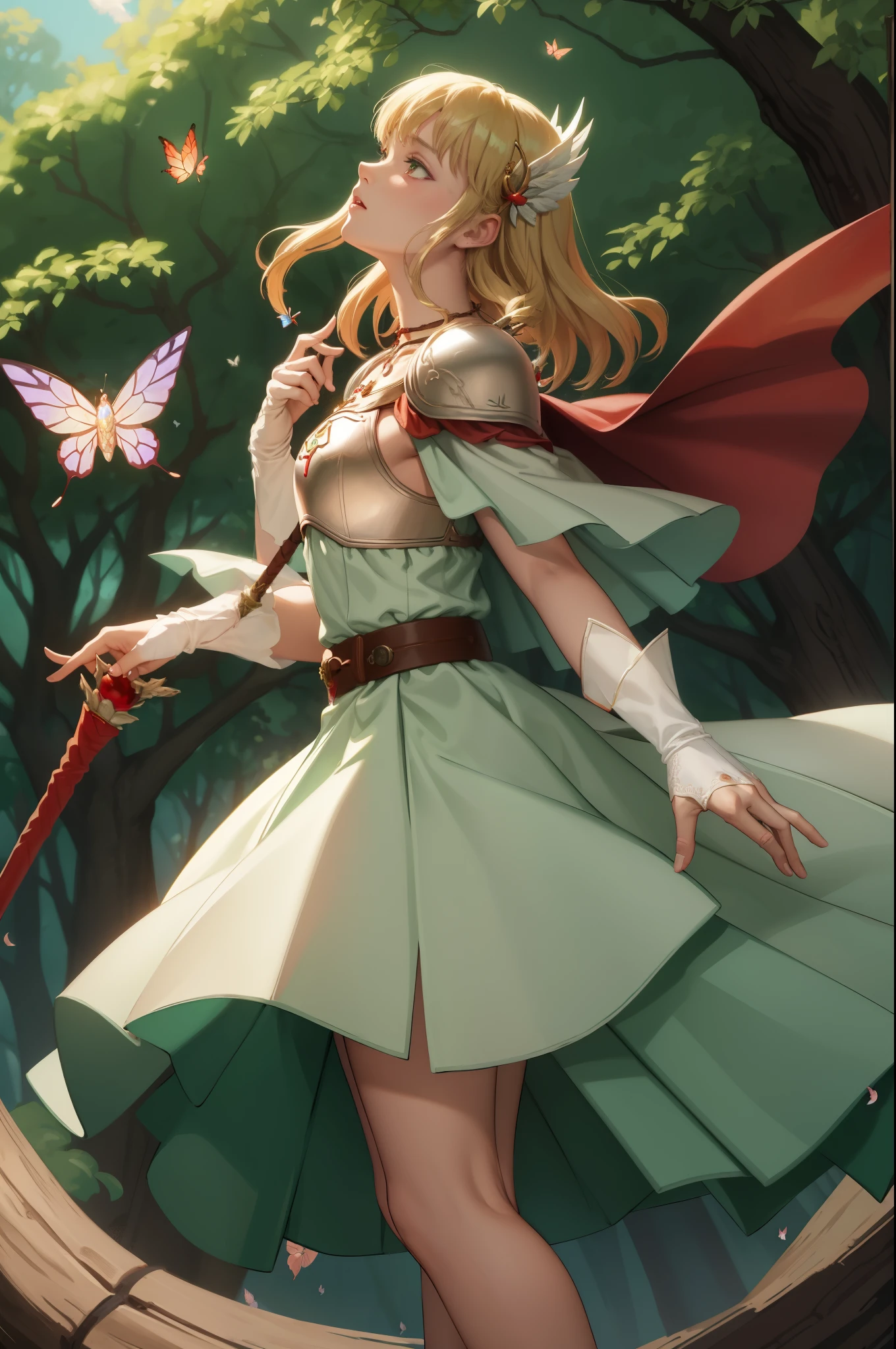 masterpiece, best quality, nanna, hair ornament, necklace, armor, red cape, green dress, belt, white gloves, cowboy shot, sky, butterflies, trees, looking up, from side, holding a wizard's staff 