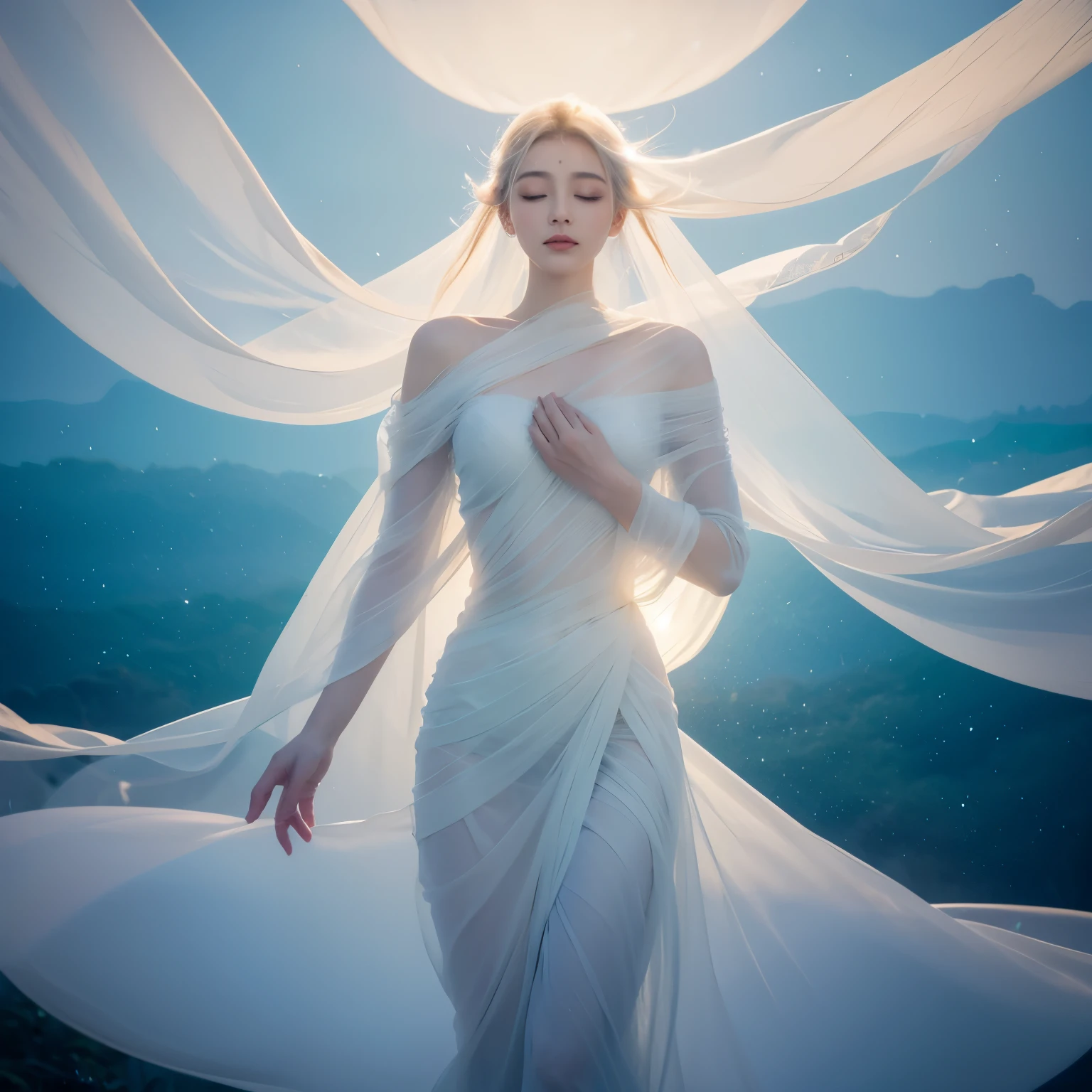  1Budda,ethereal, floating, graceful figure, serene atmosphere, translucent, heavenly light, dreamlike, surreal, delicate movement, mystical aura, weightless presence, flowing drapes, abstract beauty, serene landscape, celestial colors