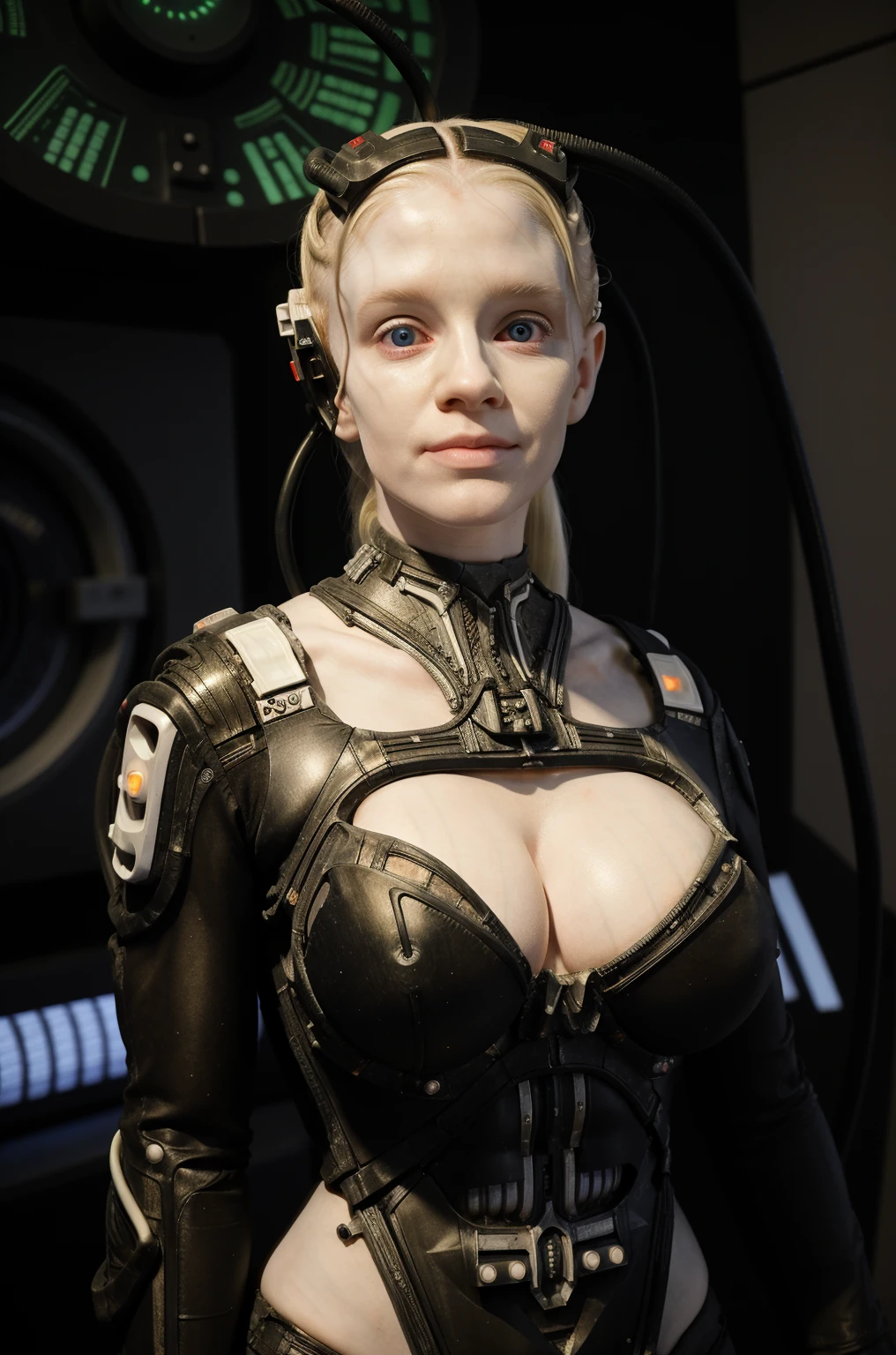 borg woman casey, 

(cable:1.4) (cybernetic:.08) (cyborg:.17) borg implants with (laser beams and led  lights:1), 
(medium shot:1.4), 

borg head implants, borg ocular implant, 
 (busty:1.2), 
(revealing:1) (bikini:1), 

[(pale white:.1) (Natural:1) (skin:1.3)::8]
[[(Natural:1.1) (pale white:.9) (skin:1.3):8]::16]
[(Natural:1) (pale white:1.3) (skin:1.3):16]
 [(with:.01) (beauty_marks:.01):6], 
[(bald:.12)::1]
[[(bald:.01):1]::10], [(light blonde hair:.01):10], [albino Nordic:30],  

[young:4], 
front light, well lit, bright, fit, detailed skin, in frame, 

[BREAK:6] 
[(long light blonde hair:1.4):10], [(blue eyes:.9):6], 

BREAK 
bright scifi starship background, photograph, detailed, high resolution, RAW photo, 