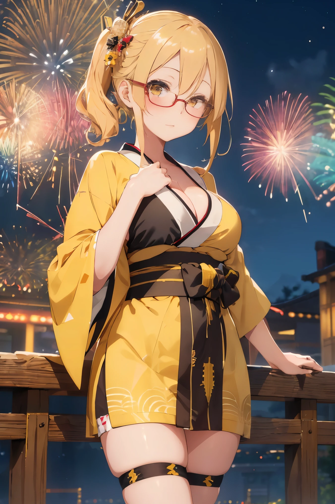 "anime girl, 1 person, bright blonde hair, yellow eyes, glasses, crown on head, female kimono, yellow kimono with black trim with intricate patterns, big breasts, long stockings, standing cross-legged, angle view from different directions, solo, blushing, festival, night, New Year's Eve fireworks, watching fireworks (full HD 4K+ image)"