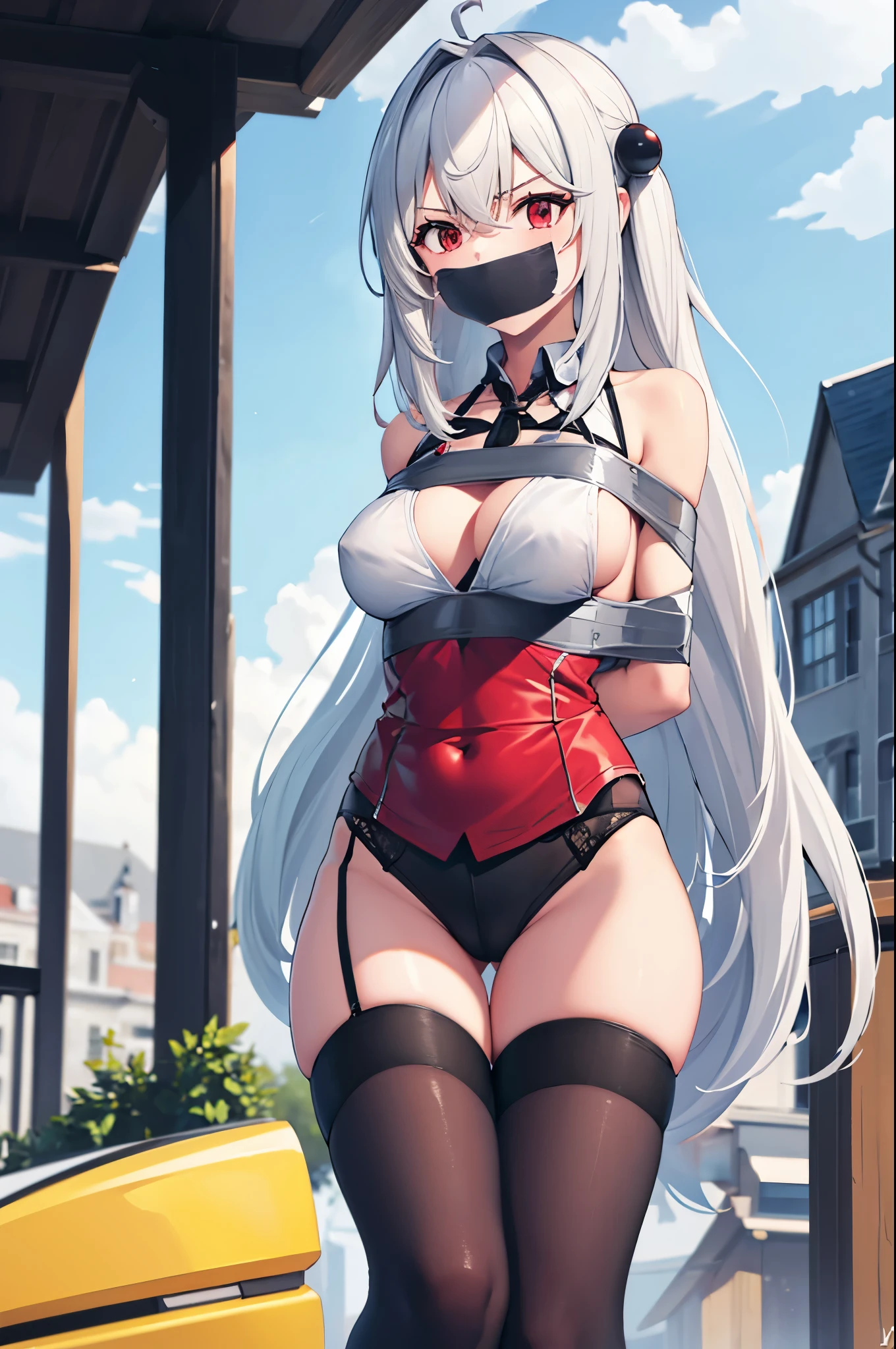 white hair,red eyes,(absurdres, 8k, 4k, masterpiece, hyper extreme detailed:1.2), solo, 1girl, front view, perfect face, 1girl, looking at viewer, solo, Female, toned body, mature female, large breasts, pale, , long hair, swept bangs, athletic body,perfect anatomy, bound, bondage, (arms behind back:1.4), (bdsm, tape gag, tape, tape bondage, restrained, best anatomy, tape wrapped, wrap gag, tightly bound, tape wrapped around face, tape above breasts, tape below breasts, tape gag, long hair, tape between breasts, taped forearms, taped elbows, taped abdomen, taped nose, taped between arms, NinymGP, garter straps, sideboob, thighhighs )
