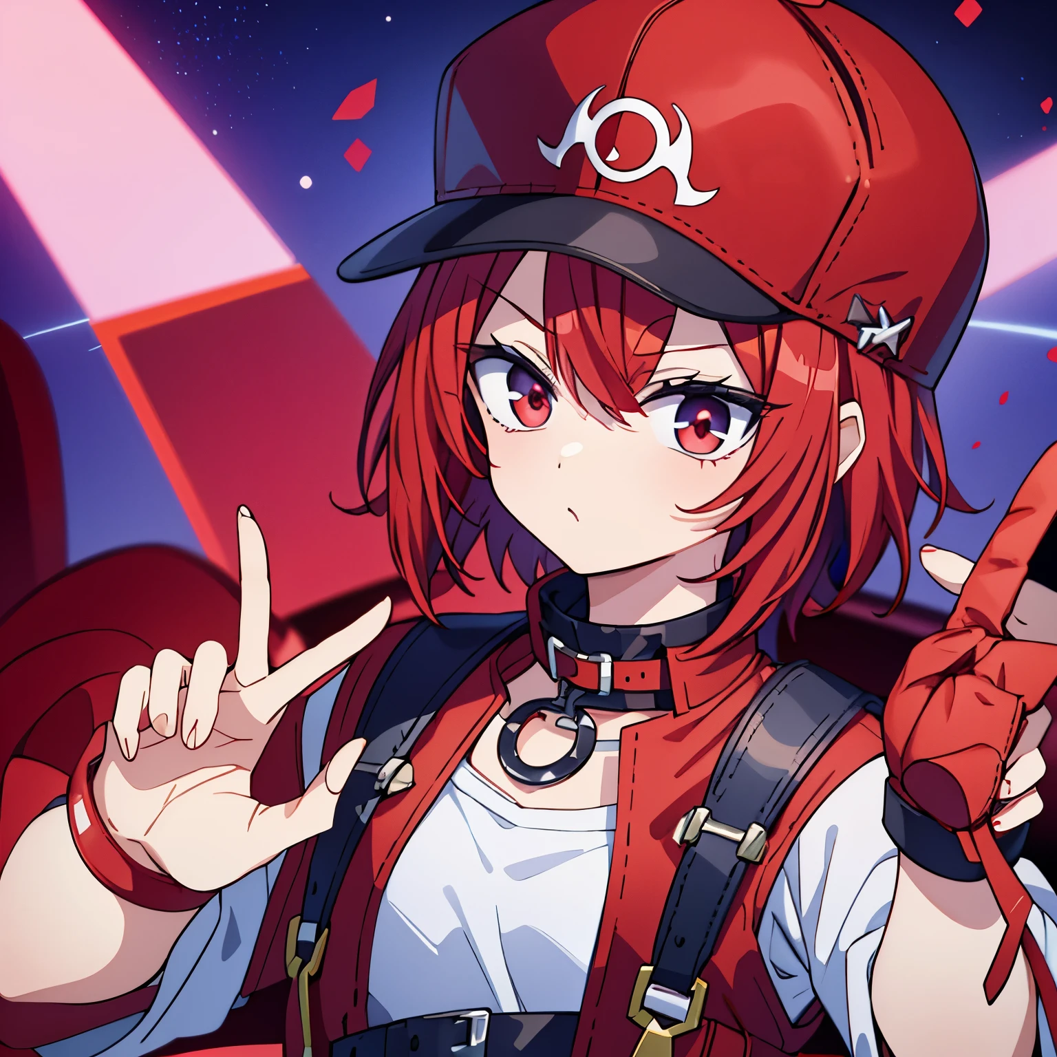 Red hair red eye short hair Scratch Hu peace sign hat