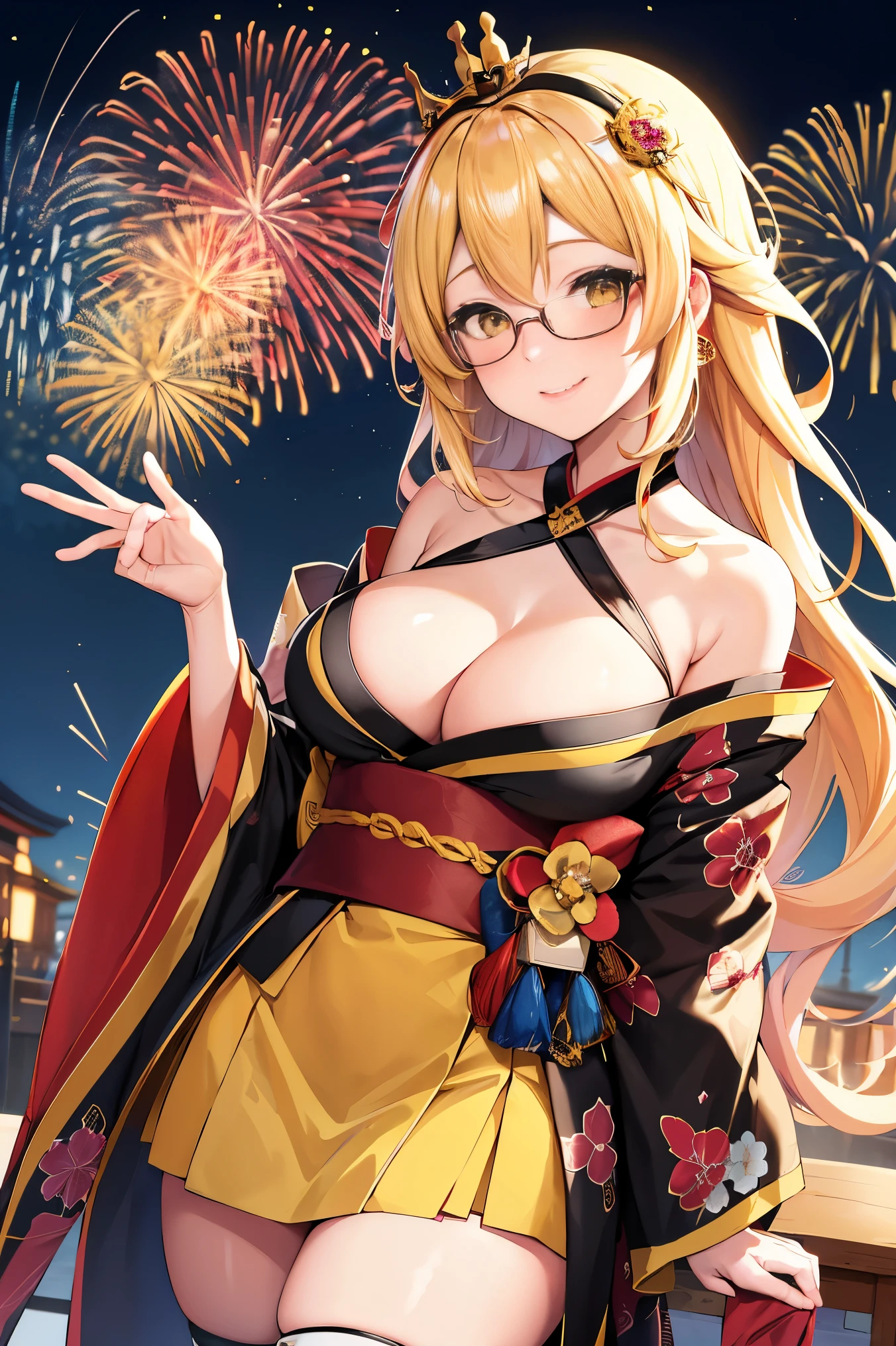 "anime girl, 1 person, bright blonde hair, yellow eyes, glasses, crown on head, female kimono, yellow kimono with black trim with intricate patterns, big breasts, long stockings, standing cross-legged, angle view from different directions, solo, smiled gently, blushing, festival, night, New Year's Eve fireworks, watching fireworks (full HD 4K+ image)"
