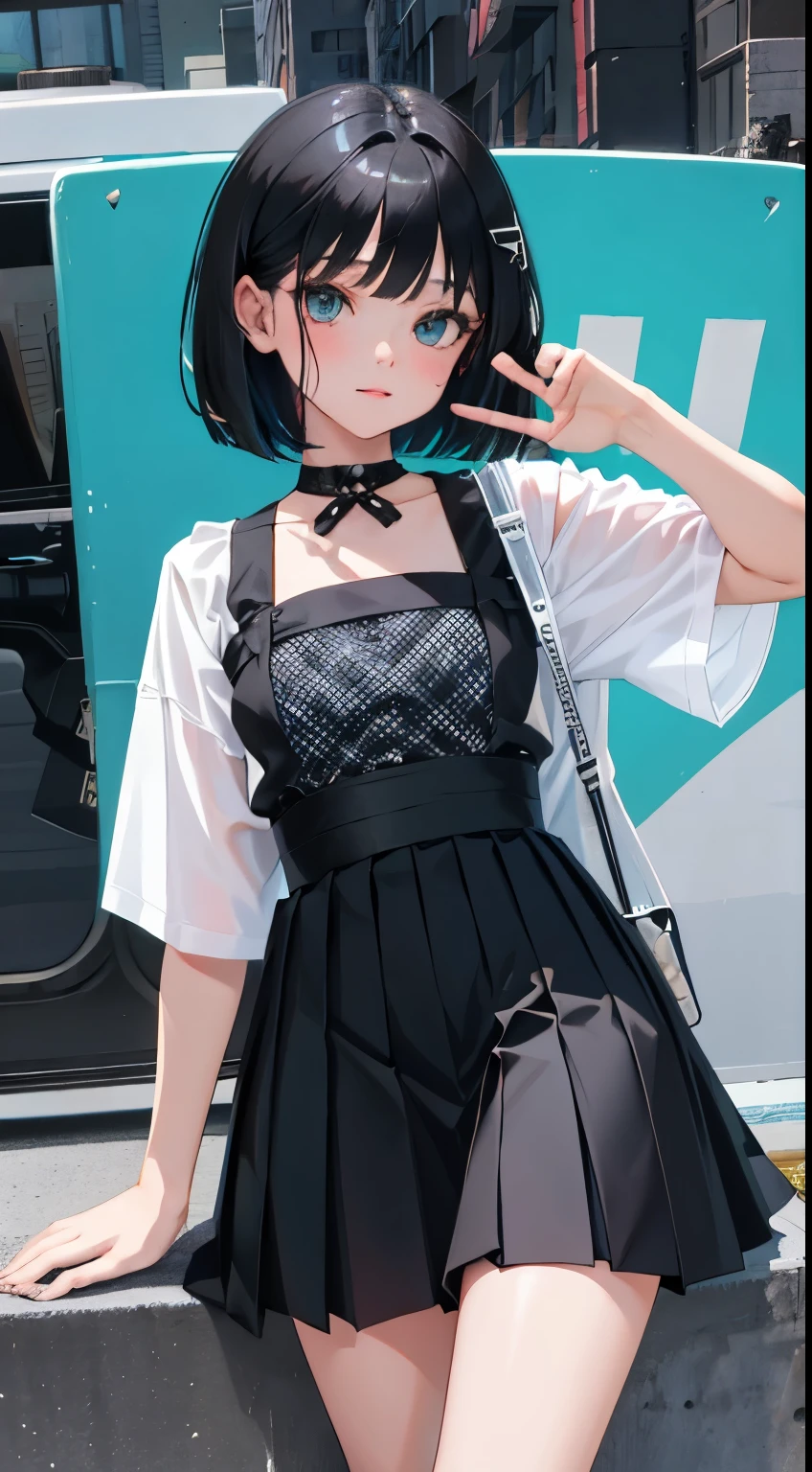 cat pose,(child),(masterpiece,Top quality),Black pleated miniskirt with teal plaid pattern,short sleeve,black hair,medium bob,intersection
