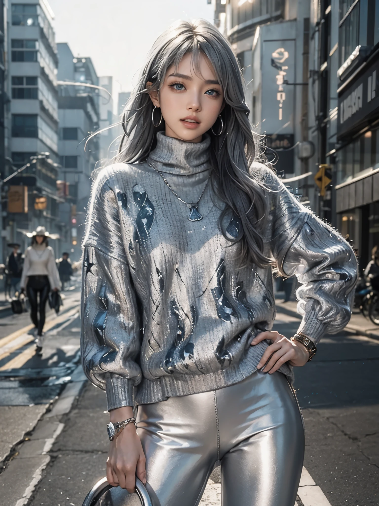 (anime:1.3), (fashion portrait:1.6), ultra detailed, beautiful, masterpiece, best quality, _ BREAK (1girl:1.2), 22 years old, 160 cm, Japanese cute model, Tightened all body, medium Breasts, small head, small face, diamond Face, small nose, Sharp Faceline, young hands and fingers, beautiful hands and fingers, five fingers, _ BREAK (Glossy Lips:1.3), (Light color lips, Half open mouth, beautiful Teeth:1.2), (dropy eyes, Double eyelid, Blue eyes:1.), _ BREAK (arranged hairstyle:1.3), (gray hair:1.3), _ BREAK (gray simple background:1.4), (blurry background, Fog, mist:1.2), _ BREAK (cowboy shot:1.7), (standing:1.6), (sexy model pose:1.6), BREAK (Cyberpunk theme:1.2), ((white oversized turtleneck sweater) with (black circuit-pattern), short length:1.2), (black tight leggings:1.2),
BREAK
(black high-cut sneakers:1.1), (silver hoop earrings:1.2), (minimalist silver necklace:1.2), (silver bracelet:1.2), (silver anklet:1.2)