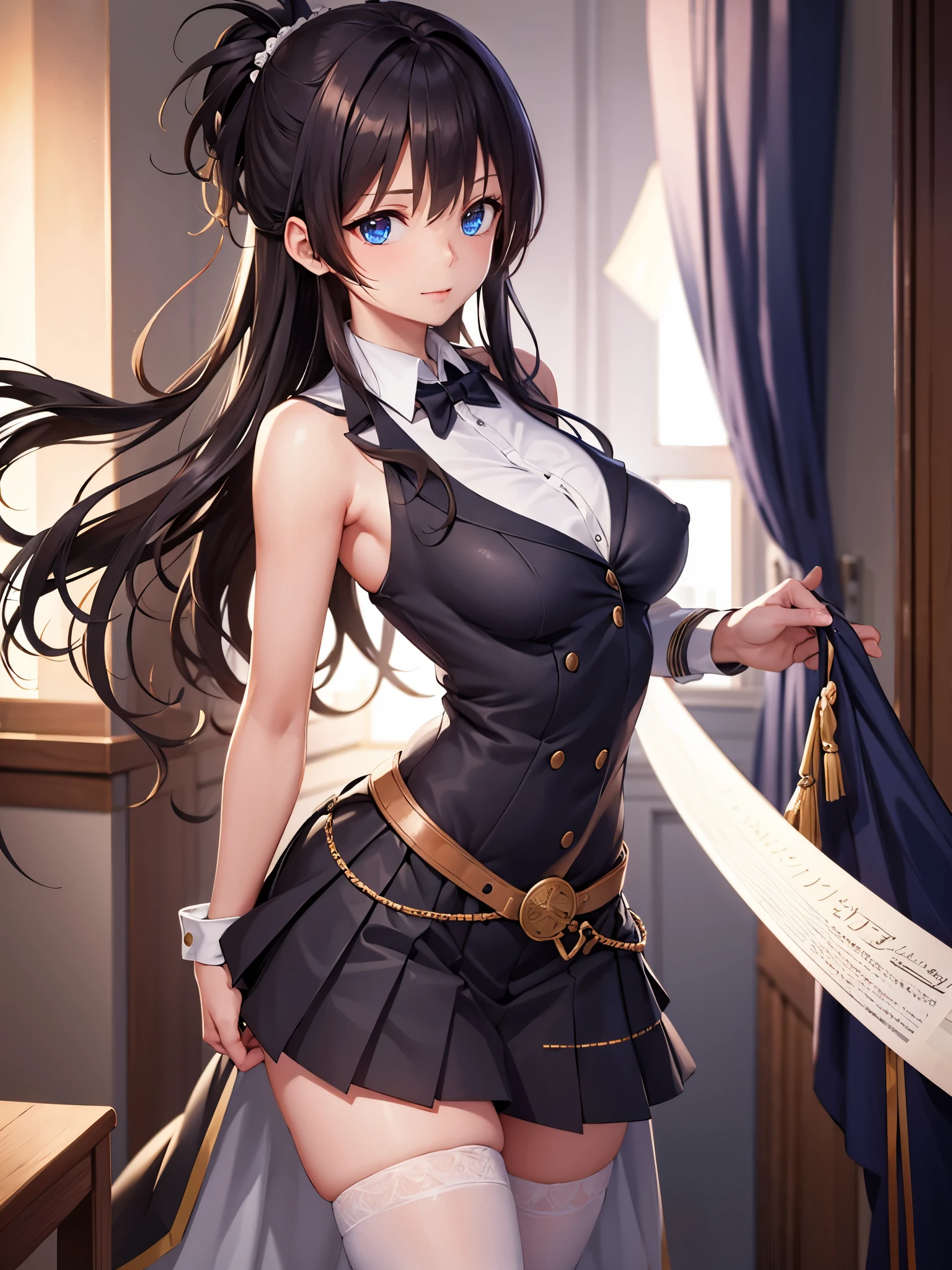 (1 girl),(high quality), (High resolution), (extremely detailed), (8K),(lower body shot),(3CG),(A high school girl wearing a magician's uniform),(wearing black knee-high stockings)not wearing shoes,perfect writing,(Beautifully erect nipple shape),High resolutionの美しい目,(neutral white lighting:1.2),Facing back and sticking out your buttocks