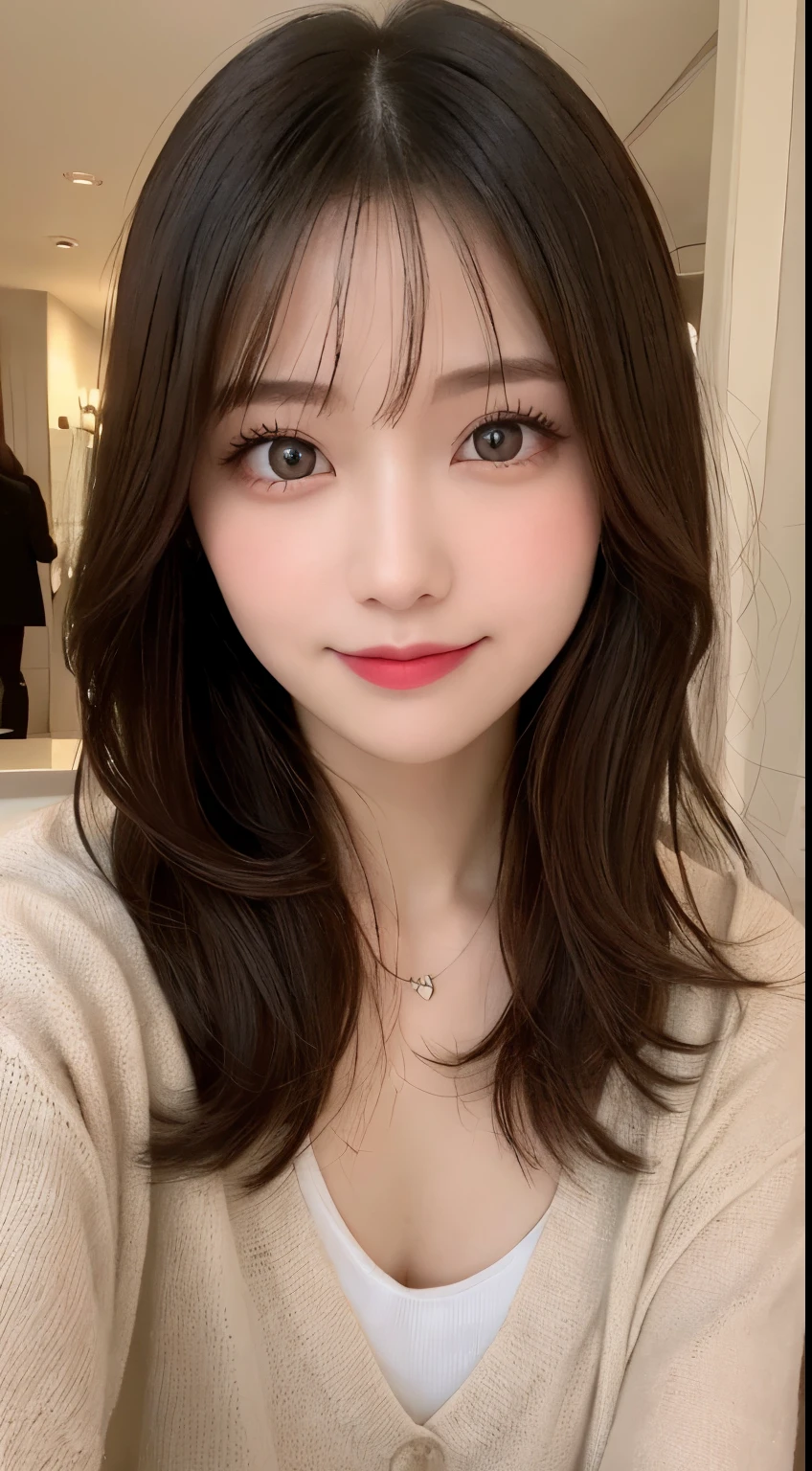 table top, highest quality, shape, Super detailed, finely, High resolution, 8k wallpaper, 完璧なダイナミックな構shape, beautiful and detailed eyes, Gorgeous and stylish black fluffy latest Tokyo winter clothes,ランダムなcute髪,small breasts,natural color lip, bold sexy pose,smile、20 year old girl、cute、sexy shot looking at camera,Always blur the background,perfect and beautiful face,Take only the face,beautiful and detailed face、slim face and style,Big eyes、Do gal makeup,real photos、Living room of a luxury designer apartment、midnight、relaxed pose