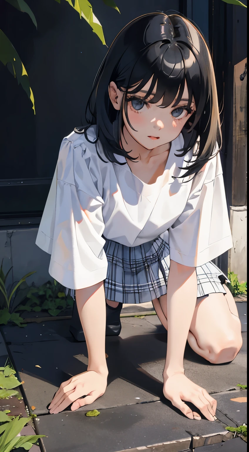 crawl on all fours，(child)，（masterpiece，Top quality)，White plaid pleated hort sleeve，black hair