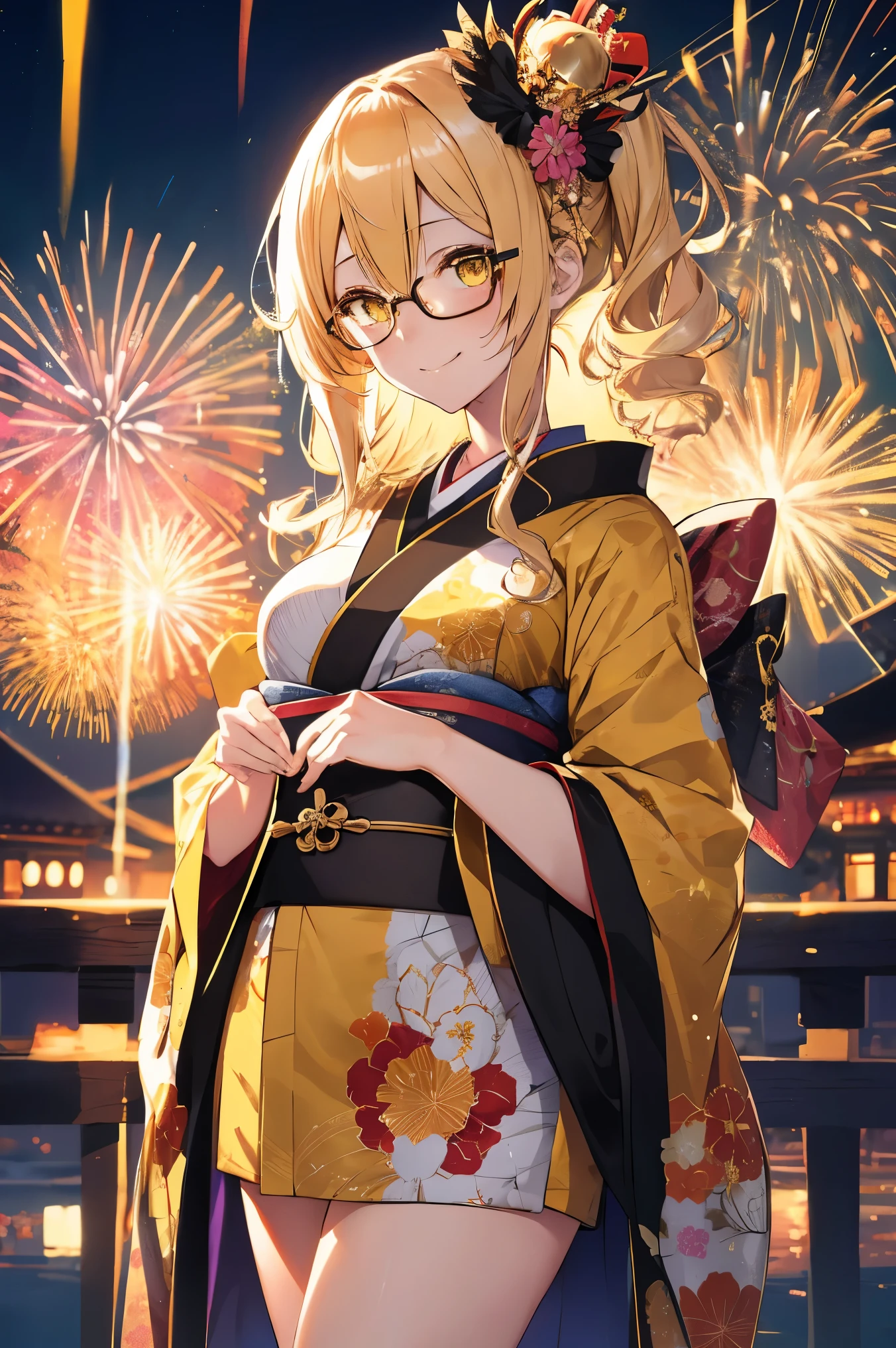 "anime girl, 1 person, bright blonde hair, yellow eyes, glasses, crown on head, female kimono, yellow kimono with black trim with intricate patterns, big breasts, long stockings, standing cross-legged, angle view from different directions, solo, smiled gently, blushing, festival, night, New Year's Eve fireworks, watching fireworks (full HD 4K+ image)"