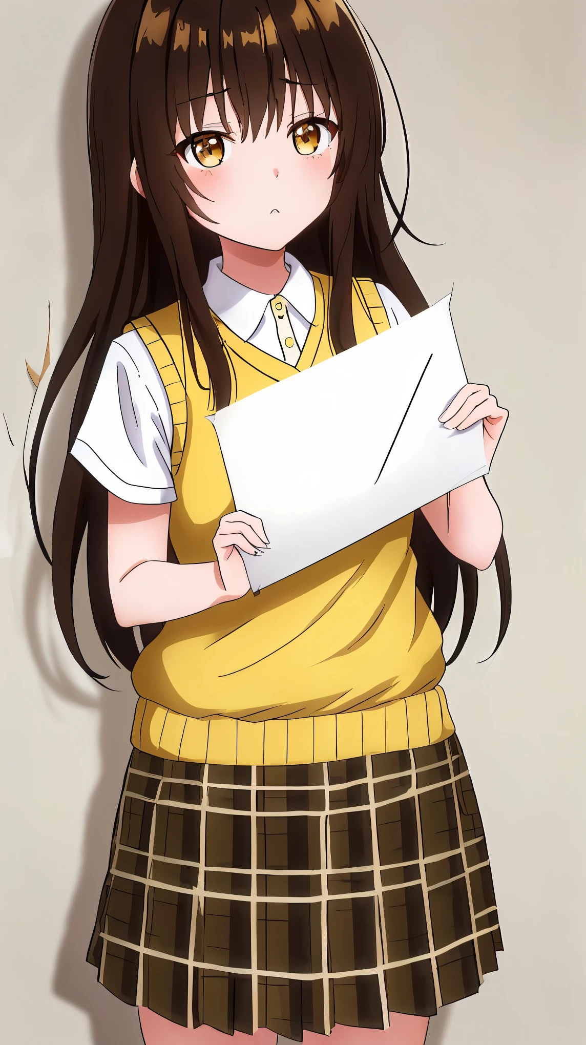 yui kotegawa, black hair, (brown eyes:1.5), long hair,, green skirt, plaid, plaid skirt, sainan high , , skirt, sweater vest, (yellow sweater:1.3), short sleeves, ((((holding a blank paper viewing it to the viewer))))