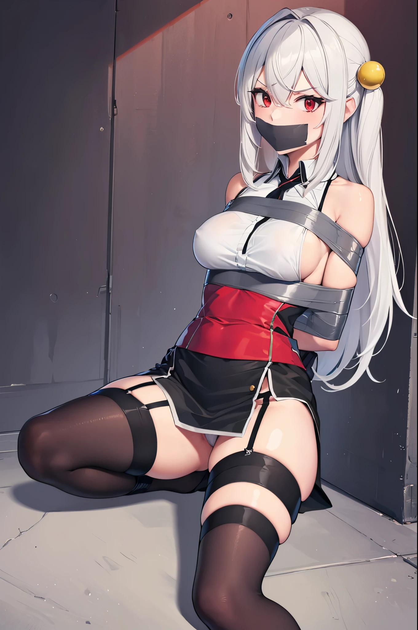 white hair,red eyes,(absurdres, 8k, 4k, masterpiece, hyper extreme detailed:1.2), solo, 1girl, front view, perfect face, 1girl, looking at viewer, solo, Female, toned body, mature female, large breasts, pale, , long hair, swept bangs, athletic body,perfect anatomy, bound, bondage, (arms behind back:1.4), (bdsm, tape gag, tape, tape bondage, restrained, best anatomy, tape wrapped, wrap gag, tightly bound, tape wrapped around face, tape above breasts, tape below breasts, tape gag, long hair, tape between breasts, taped forearms, taped elbows, taped abdomen, taped nose, taped between arms, NinymGP, garter straps, sideboob, thighhighs )
