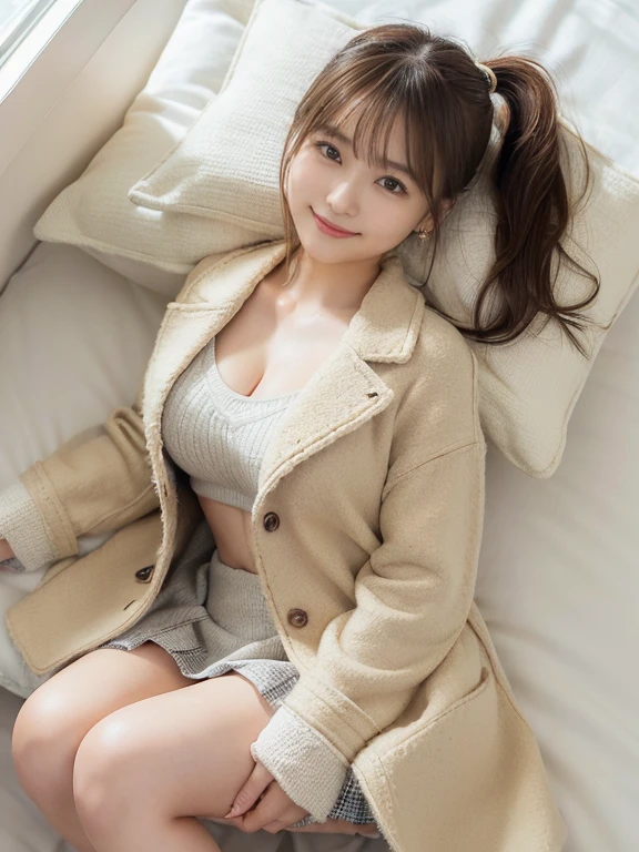 sleep(Photoreal)、(Super high realism)、(ultra high resolution)、(Ultra high definition)、 ( girl、small face、very young face, natural makeup)(fair skin、Smooth skin、realistic texture)(sparkling eyes)beautiful breasts、beautiful cleavage、thin waist、big ass、((cute smile))((Long ponytail))With bangs（((light brown wool short coat、Gingham check miniskirt)))brown hair(earrings)Stylish coffee shop((((Thighs look bold、Bed、put your head on the pillow、Bedでsleep:1))))(((Full body shot from above、Visible up to the ankles)))((I can see your belly button))