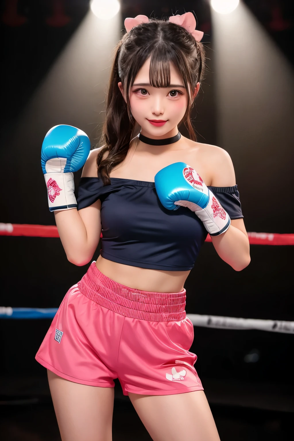 {{1 girl}}, {{highest quality}}, 、Cute girl in high school, girl in pink and sky blue shirt, girl with pink boxing gloves, shorts, off shoulder girl、cute、plump thighs、big breasts、Stand in the boxing ring、Dark background、girl illuminated by lights、punching pose、Woman in shortcuts、Fluttering skirt