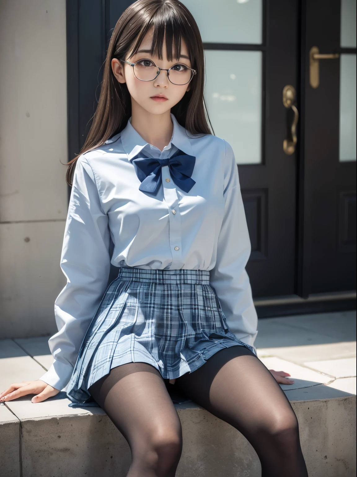 (I can see my underwear)、((細いeye))、((細いeye))、((細いeye))、(8K、生photographgraphy、highest quality、masterpiece:1.2),、small、(flat chest)、(flat chest)、(flat chest)、(flat chest)、(flat chest)、(Are thin)、Fair skin、Whitening、dark look、skinny,sex appeal,Fair skin肌,Saucy,School,looking at the viewer,looking straight ahead,high-pitched clothes,erotic,students,white skin,knees,((black pantyhose)),((black pantyhose)),disorganized,(small face),(small face),I can see the forehead,Bangs hanging from the left and right sides of the forehead,(cold look,eyeがきつめ,glare,bullish,anger)、masterpiece,highest quality、ultra high resolution,生photograph,beautiful,beautiful,There is only one person, solo,Glasses,,dark look,small breasts same,full body,(まるGlasses),JK uniform,high school girl,japanese woman, (photorealistic:1.37)、photon mapping,Reality、beautiful woman,cute baby face,ブラウンeye、black socks、(red bow tie)、radio city、Physically based rendering、depth of field rally background、photograph,body,beautiful feet, long legs, thin legs,(I can see my bangs), Hairy pubic area, lips, blue_eye, nose soft,(light blue dress shirt), (Navy, blue and white plaid pleated skirt), kneesが見える,transparent clothing,, Peaches, black cotton socks,Nogizaka Idol, , japanese idol