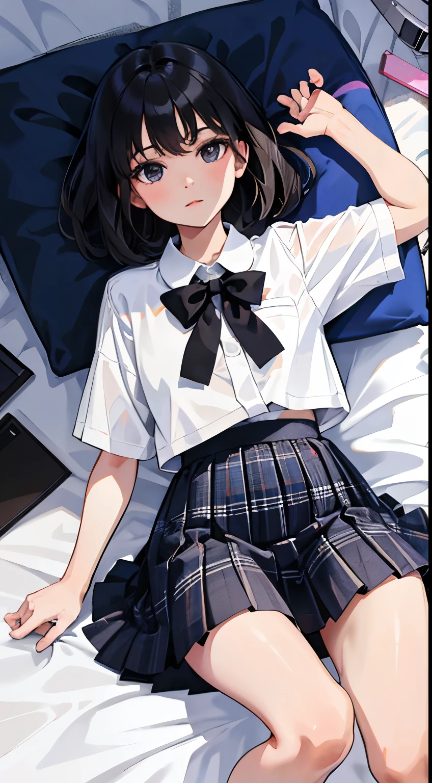 Put your hands between your legs,(),(masterpiece,Top quality),White plaid pleated hort sleeve,black hair