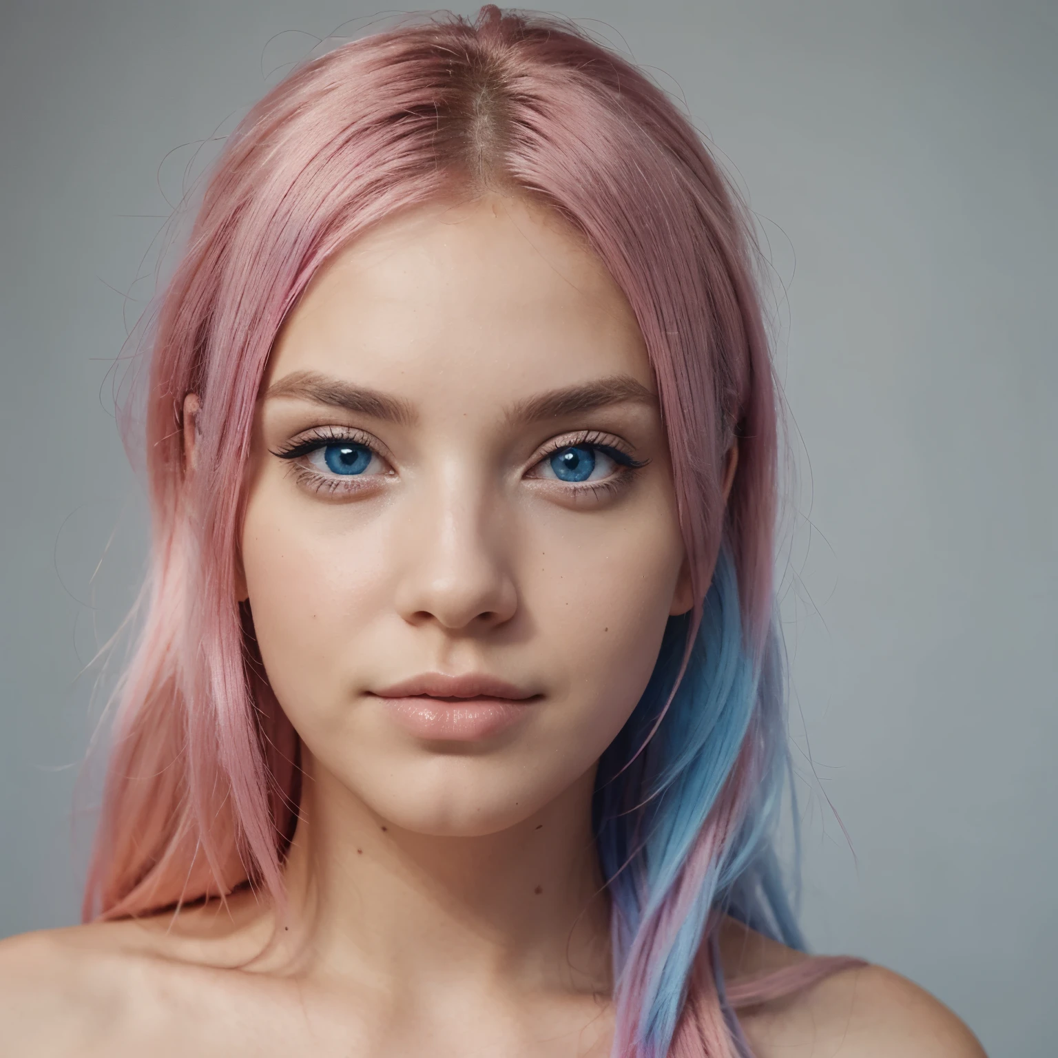 Beautiful woman, hair pink, eyes blue