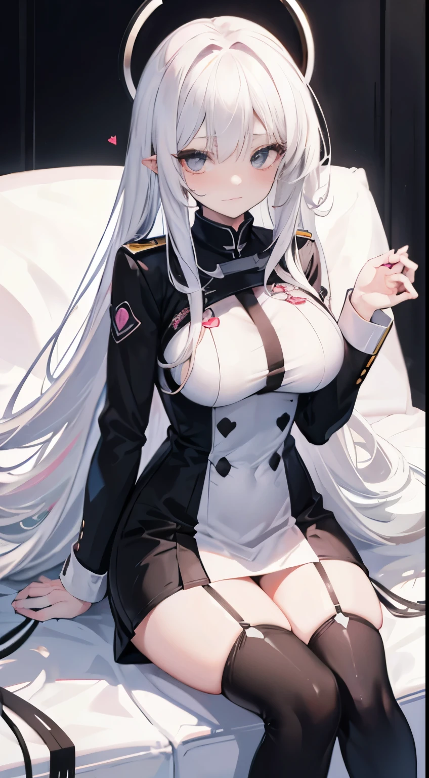 Long white hair, black eyes, with heart shape pupils in  blushing while sitting, wearing a sexy uniform, medium breast.