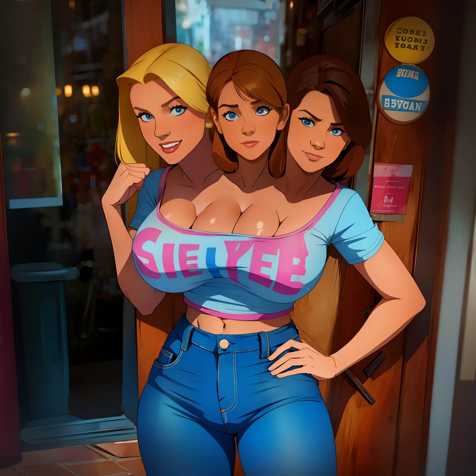 (2heads), one skinny 35 year old american woman with frail physique, blonde, brown hair, wet colorful low cut t shirt, jeans, and  another woman who is 25 year old voluptious americanwoman (2heads), cleavage, showing, short colorful skirt, both women are posing suggestively in front of an adult store in amsterdam, conjoined dicephalus