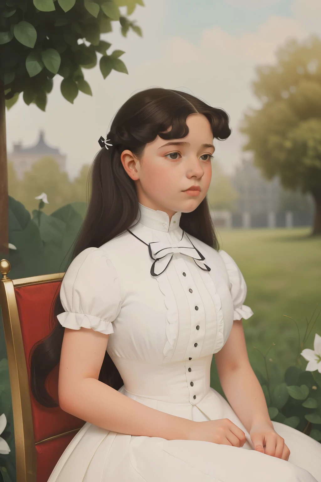 London, 1895. A ((((-yeld)) pa)), in the gardens of a boarding school for ladies. ((((white  from the 19th century)))), ((black ringlets hairstyle from the 19th century))