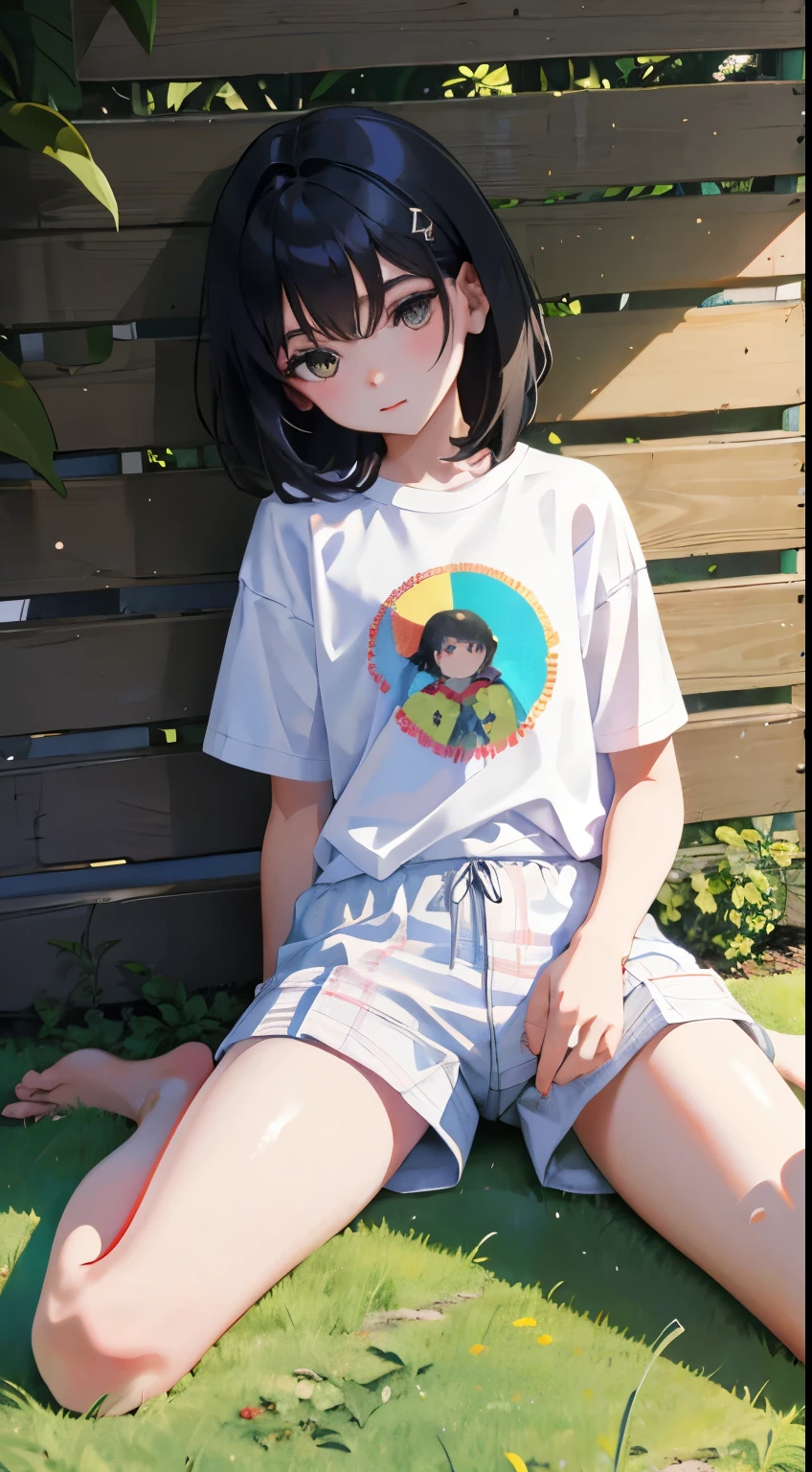 wariza,Put your hands between your legs,(),(masterpiece,Top quality),White plaid shorts,short sleeve,black hair