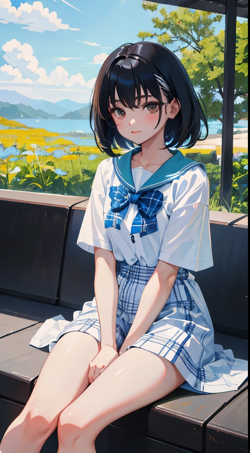 wariza,Put your hands between your legs,(),(masterpiece,Top quality),White plaid shorts,short sleeve,black hair