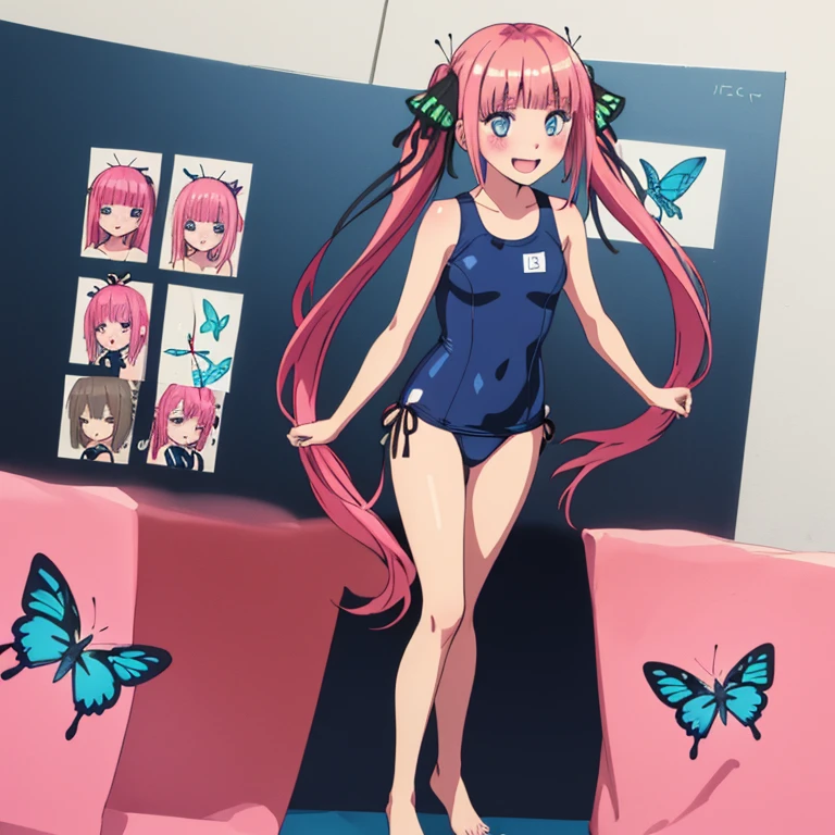 best quality, very aesthetic, Super detailed, best illustration, 1girl, one-piece swimsuit, bangs, pink_hair, blunt_bangs, hair_ornament, butterfly_hair_ornament, ribbon, black_ribbon, blue_eyes, blush, hair_ribbon, twintails, long_hair, nino, full_body, smile