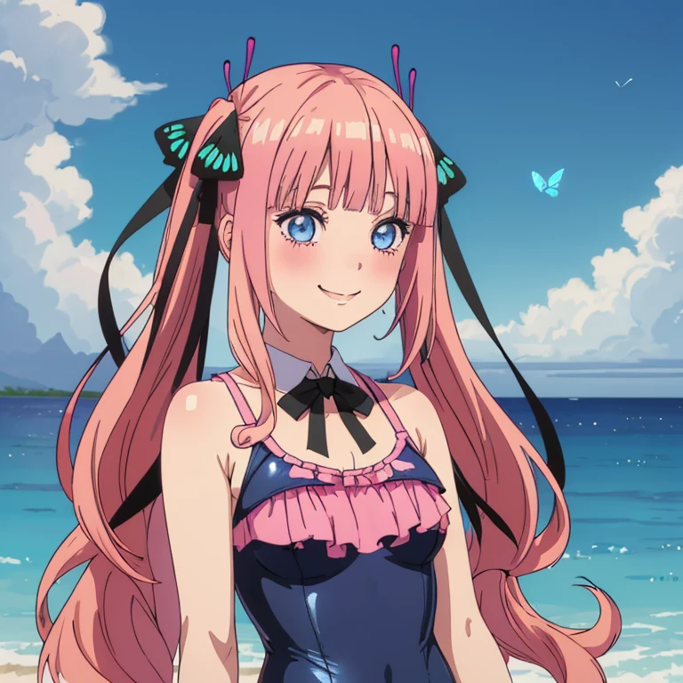 best quality, very aesthetic, Super detailed, best illustration, 1girl, one-piece swimsuit, bangs, pink_hair, blunt_bangs, hair_ornament, butterfly_hair_ornament, ribbon, black_ribbon, blue_eyes, blush, hair_ribbon, twintails, long_hair, nino