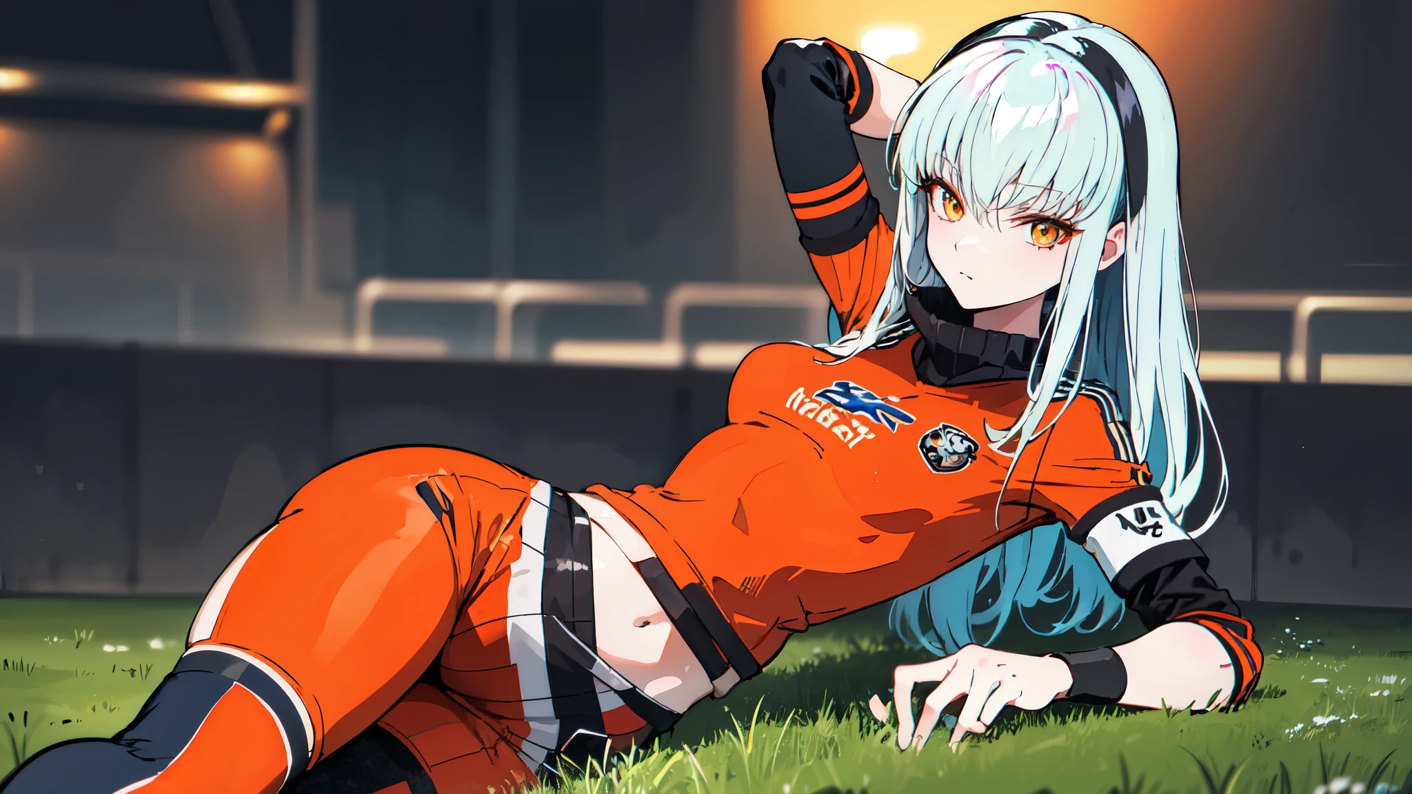 ((Meisterwerk:1.4, best quality))+, (Ultra-detailliert)+, bright torquise Hair color, Wolfsschnitt, pinke Augen, soccer stadium, soccer game,gewellte haar, orange soccer shirt tight to the body, soccer pants, soccer elements, dynamic position, silberne hautfarbe, bunter hintergrund, nacht ,(Blitzeffekt),(Kaltes Gesicht), soccer, viking valkyre woman, sexy, much skin, grass soccer field, soccer spirits